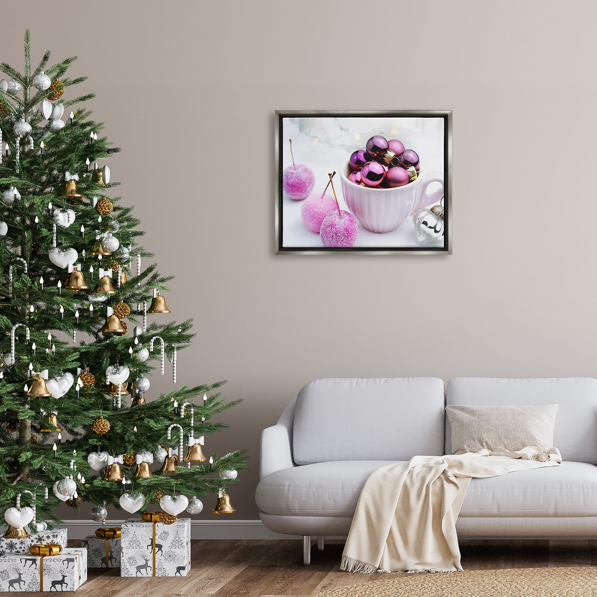 Stupell Industries Glimmering Pink Christmas Ornaments Framed Floater Canvas Wall Art