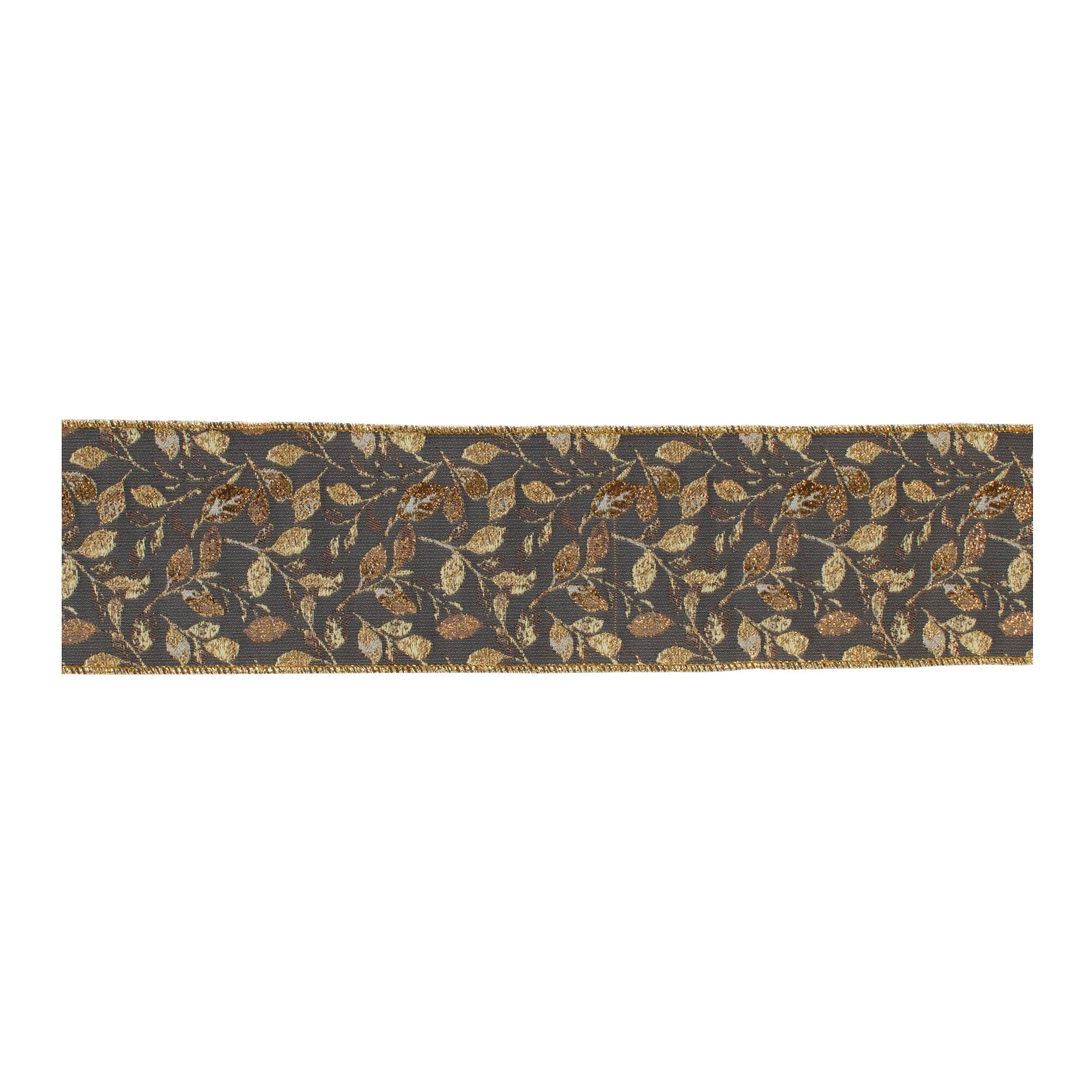 4&#x22; x 5yd. Gray &#x26; Gold Wired Leaf Print Ribbon