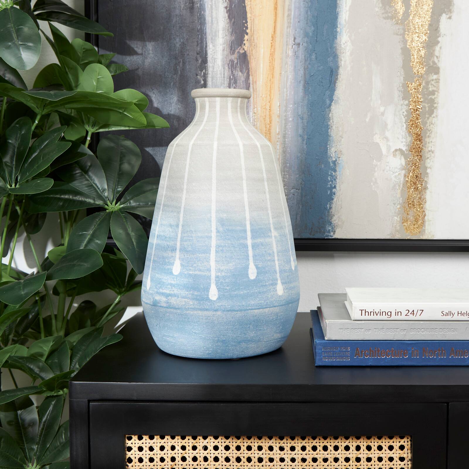 14&#x22; Blue &#x26; Gray Ombre Ceramic Abstract Drip Vase