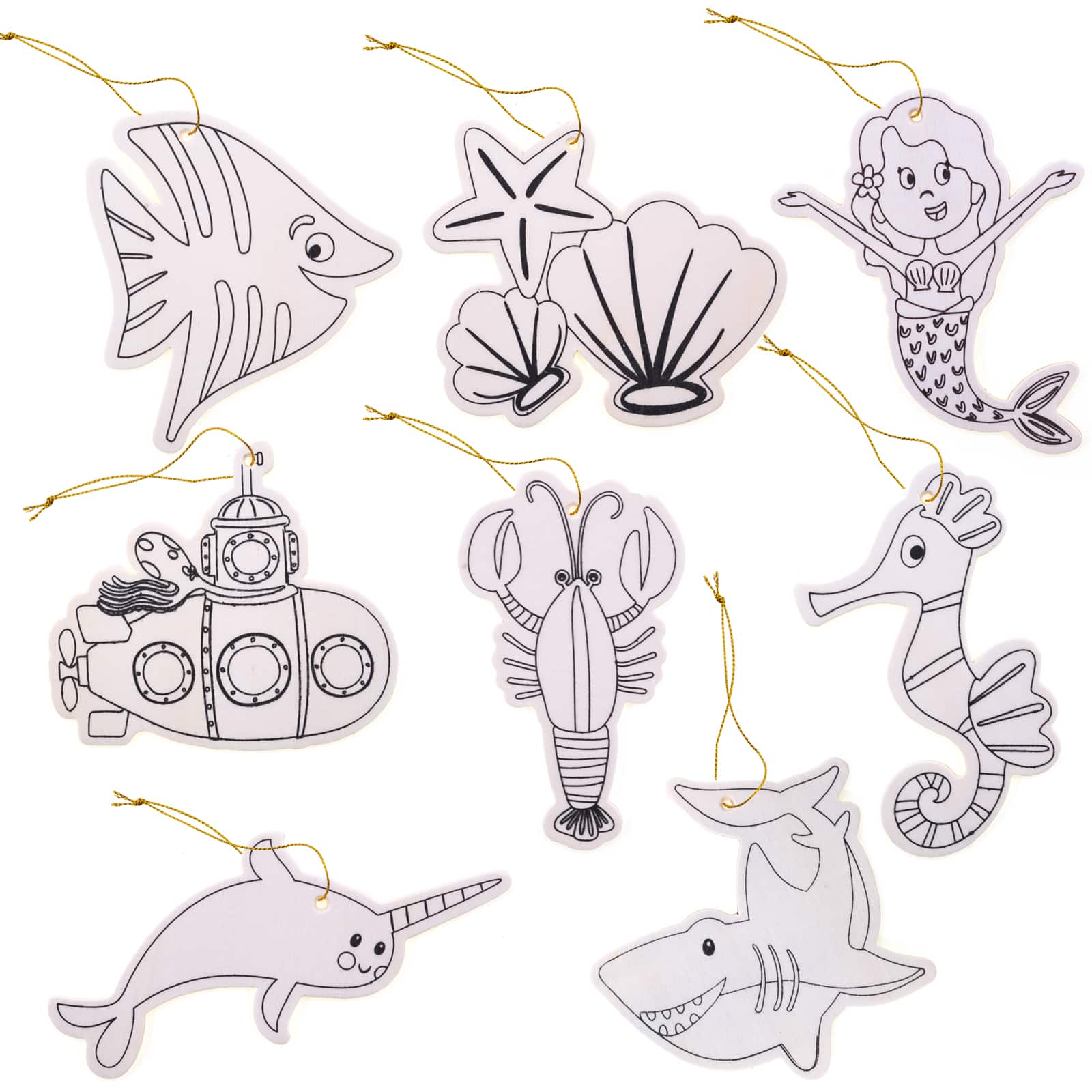 12 Packs: 8 ct. (96 total) Sealife Color-In Wood Ornaments by Creatology&#x2122;