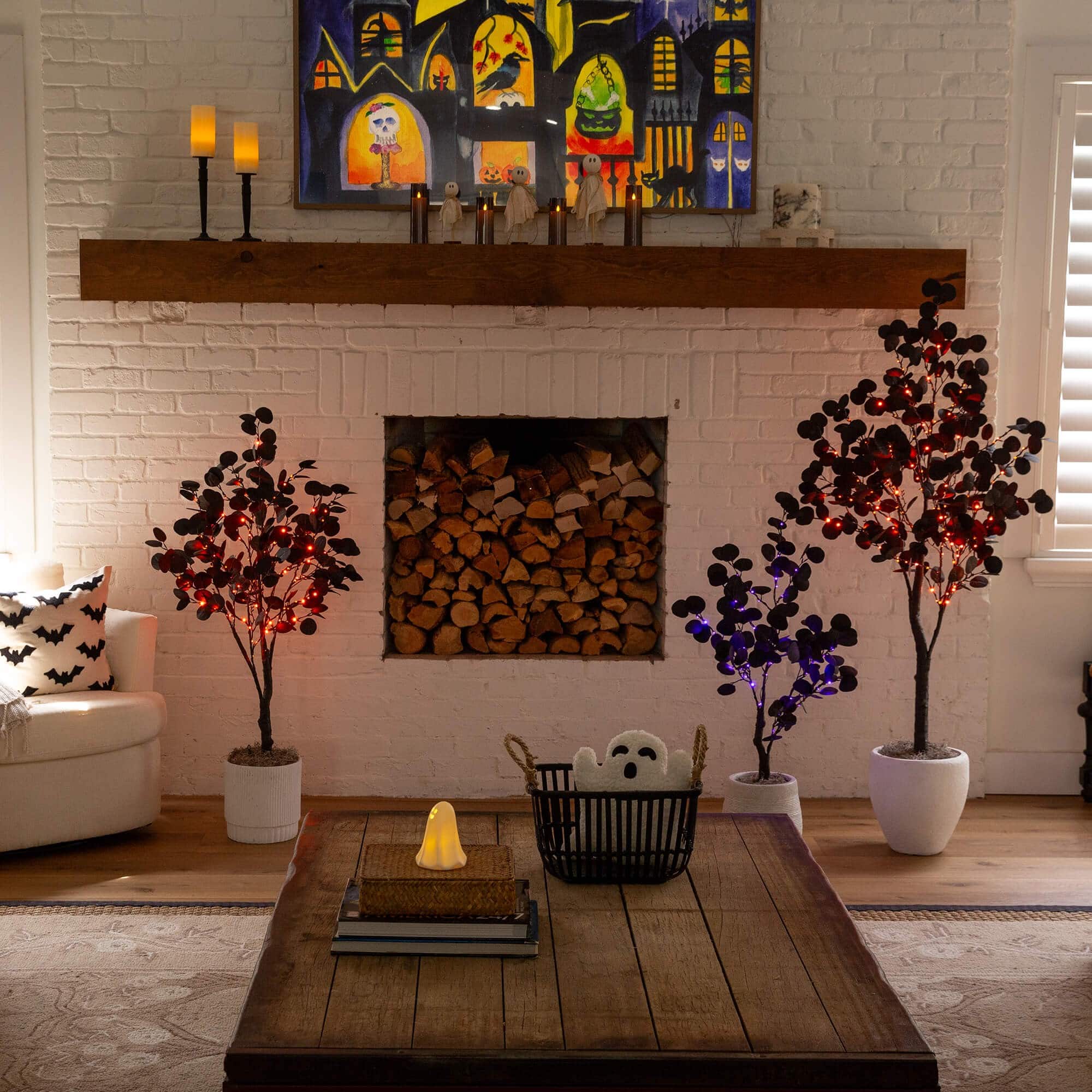 5ft. Pre-Lit Artificial Halloween Black Eucalyptus Tree with 220 Orange & Purple LED Lights