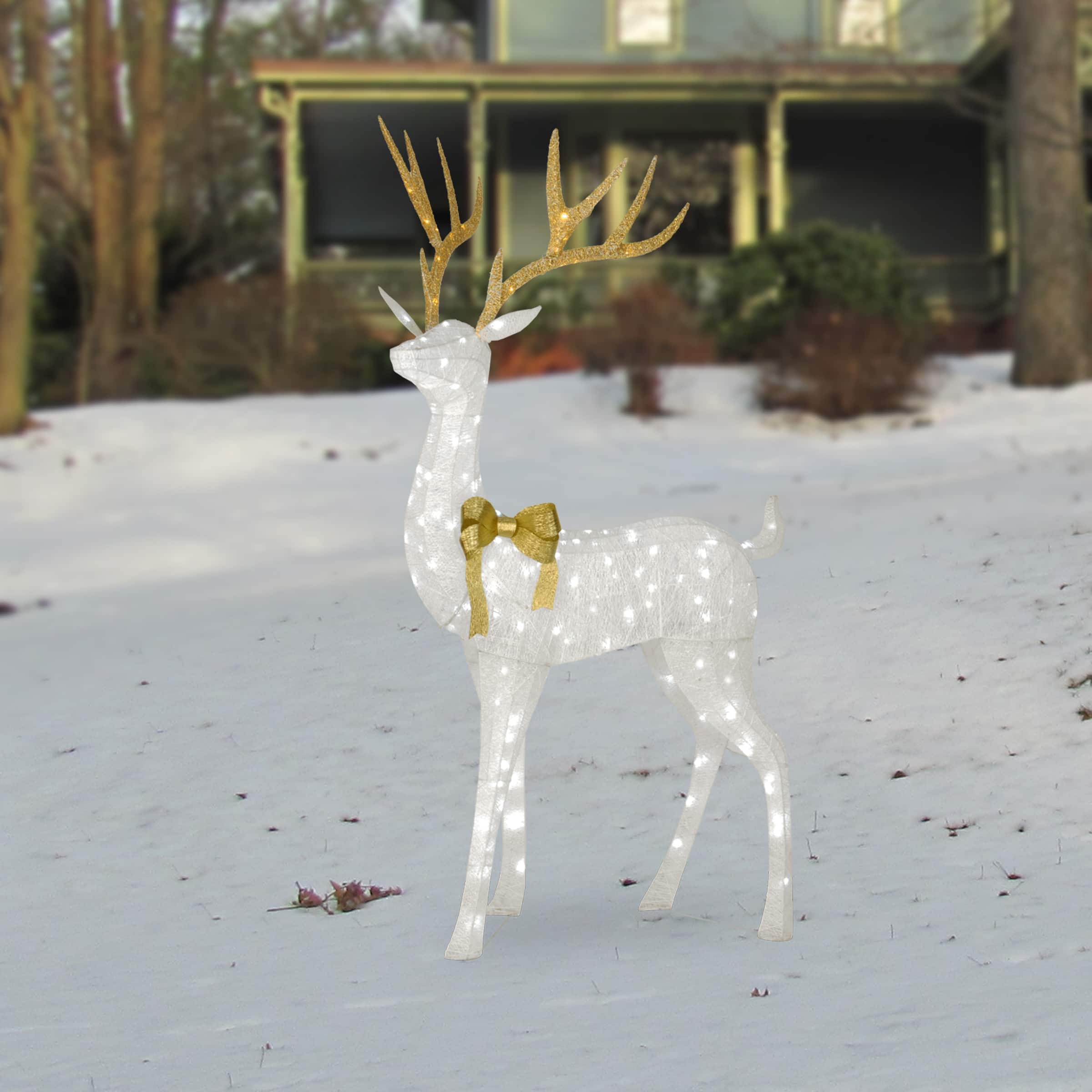 75" Crystal White Glitter Standing Buck, White Twinkle LED Lights