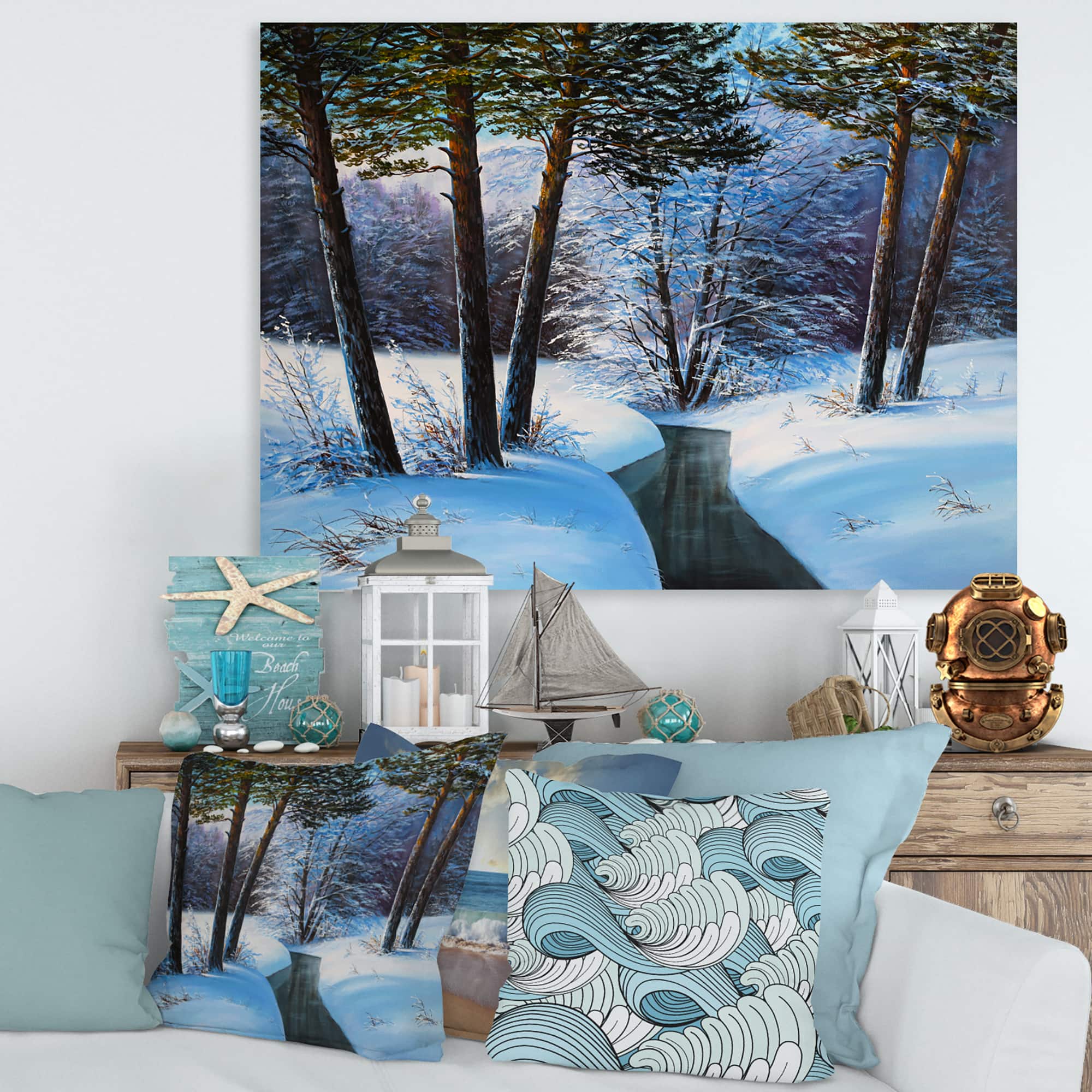 Designart Christmas Forest with River & Trees III Canvas Wall Art