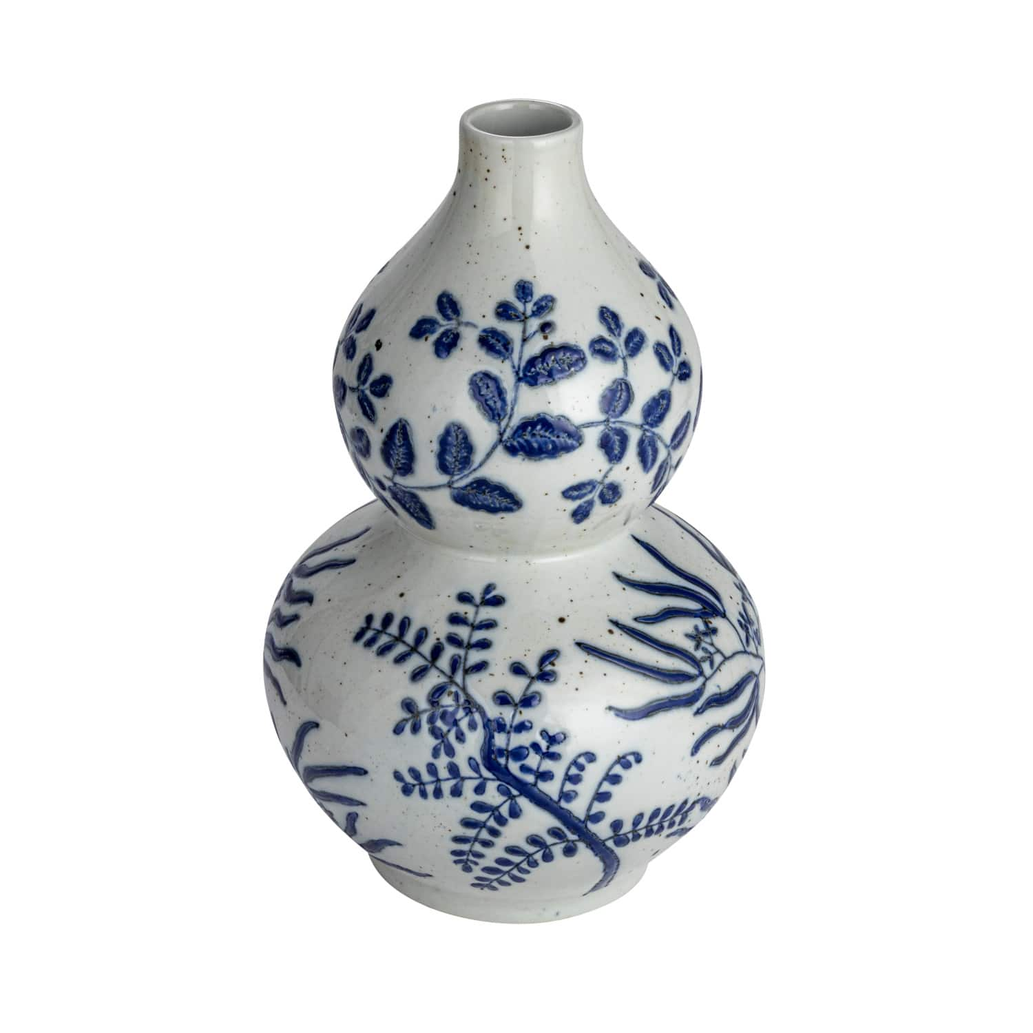 15" Blue & White Hand Painted Stoneware Vase