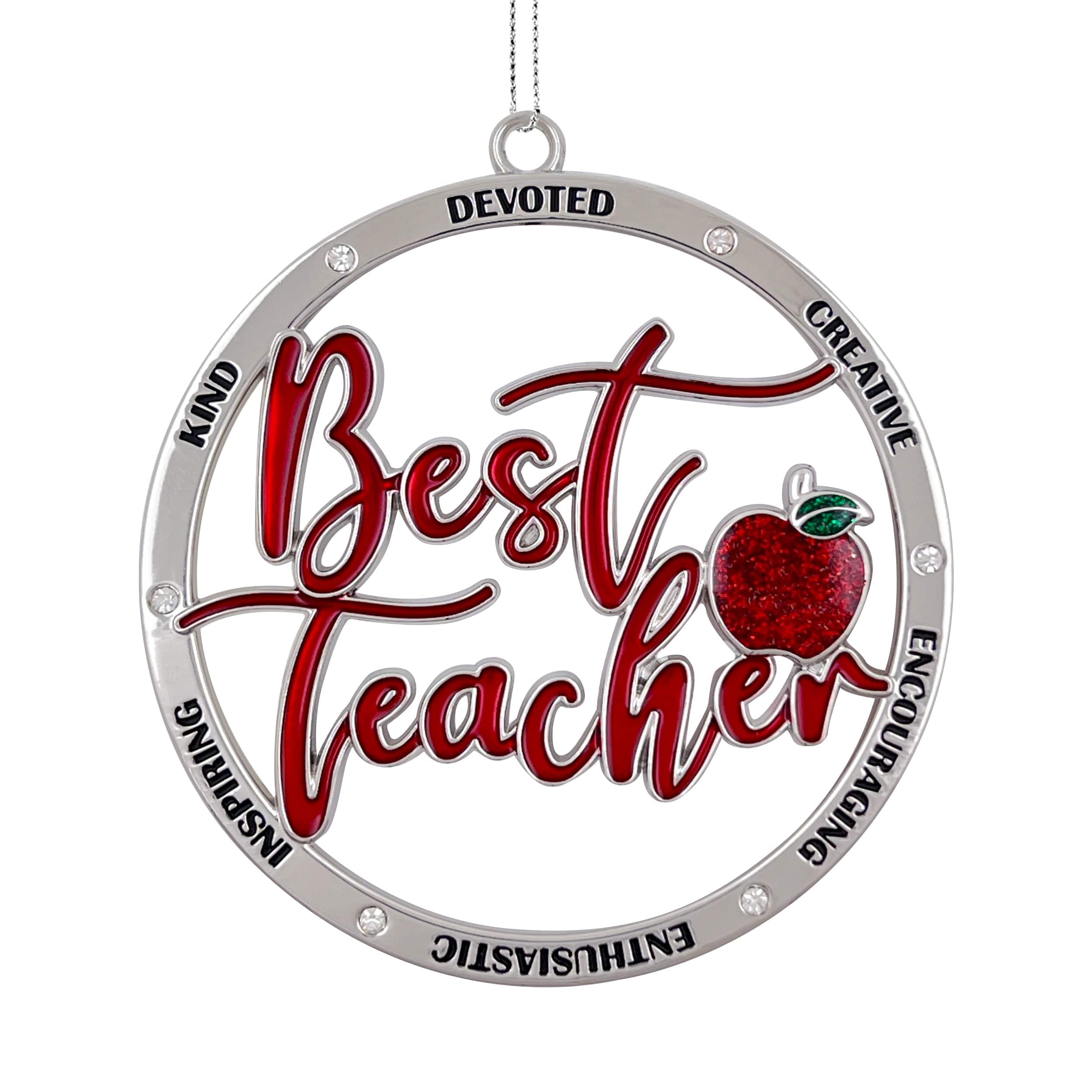3&#x22; Red &#x26; Silver Best Teacher Round Enameled Metal Ornament by Ashland&#xAE;