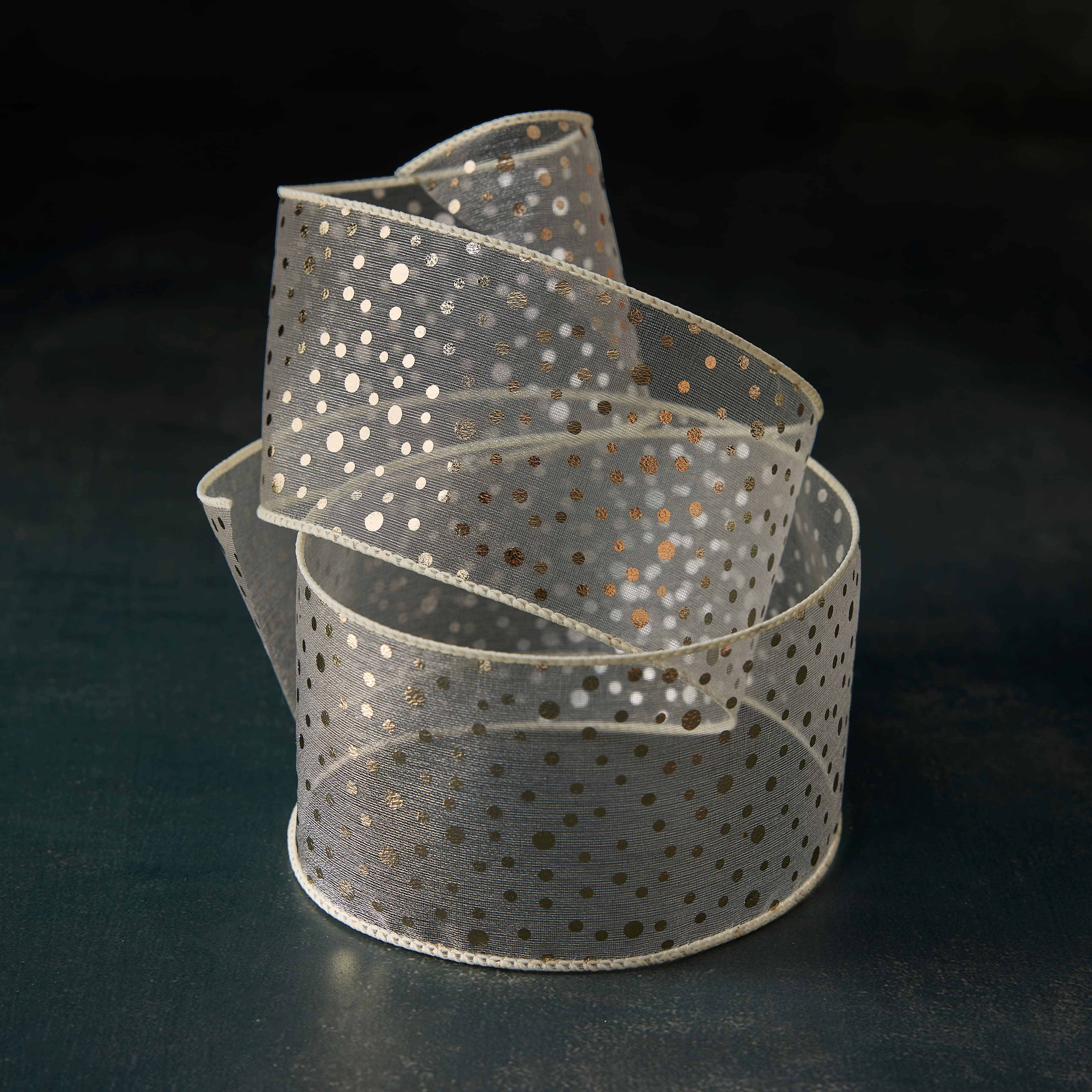 2.5&#x22; x 3yd. Sheer Wired Gold Dotted Ribbon by Celebrate It&#x2122; Classic