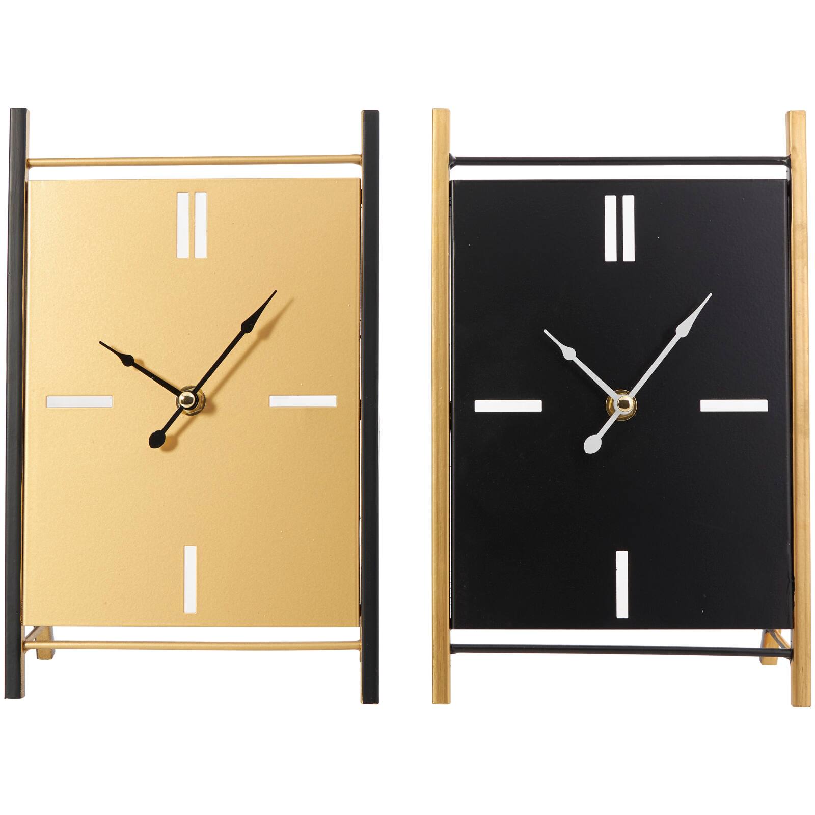CosmoLiving by Cosmopolitan 10&#x22; Black Metal Rectangular Angled Clock Set with Gold Accents &#x26; Cutout Tick Hour Markers
