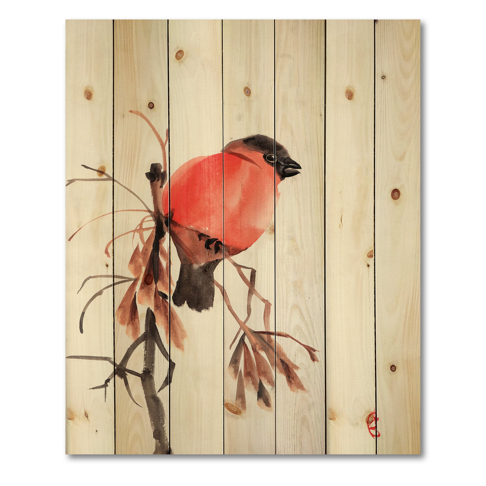 Designart - Red Bullfinch Bird On A Branch - Traditional Print on Natural Pine Wood