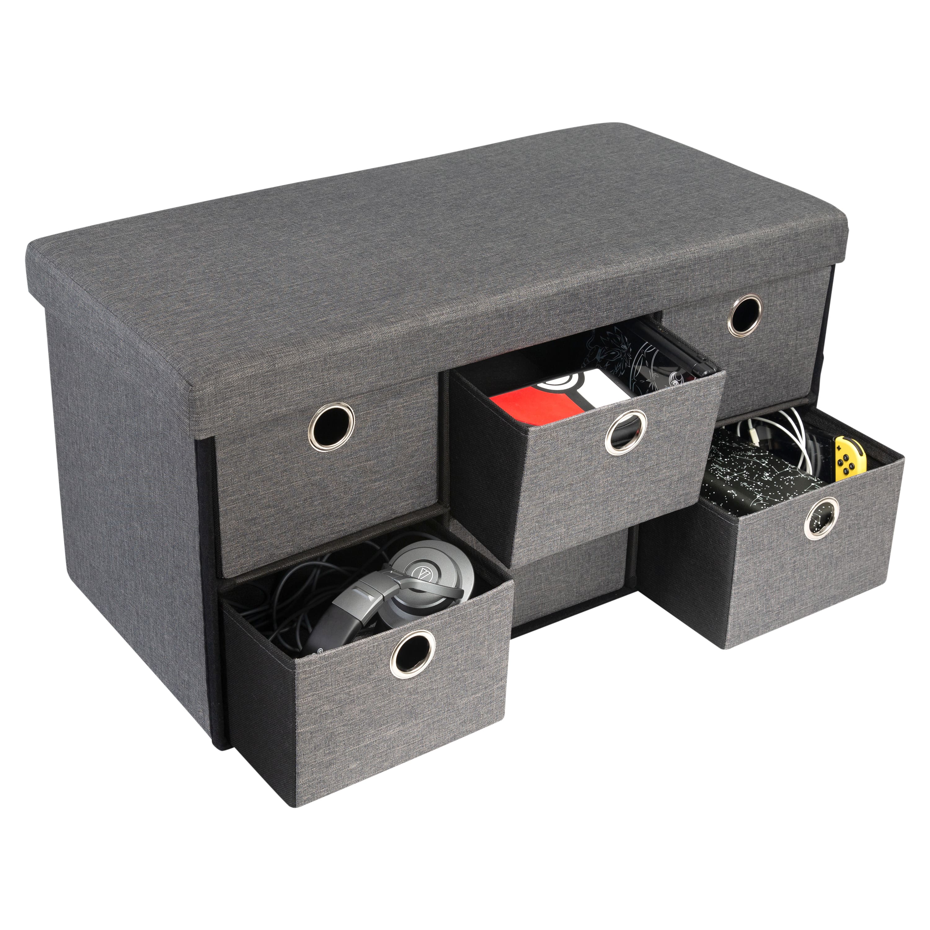 Simplify Gray 6 Drawer Collapsible Double Storage Ottoman