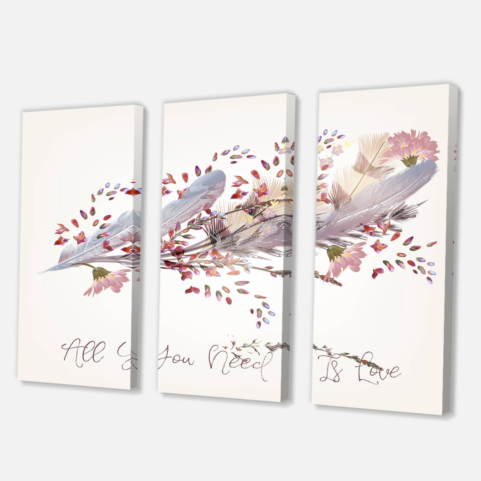 Designart - Pink Feathers and Bird All You Need Is Love - Bohemian & Eclectic Canvas Wall Art Print