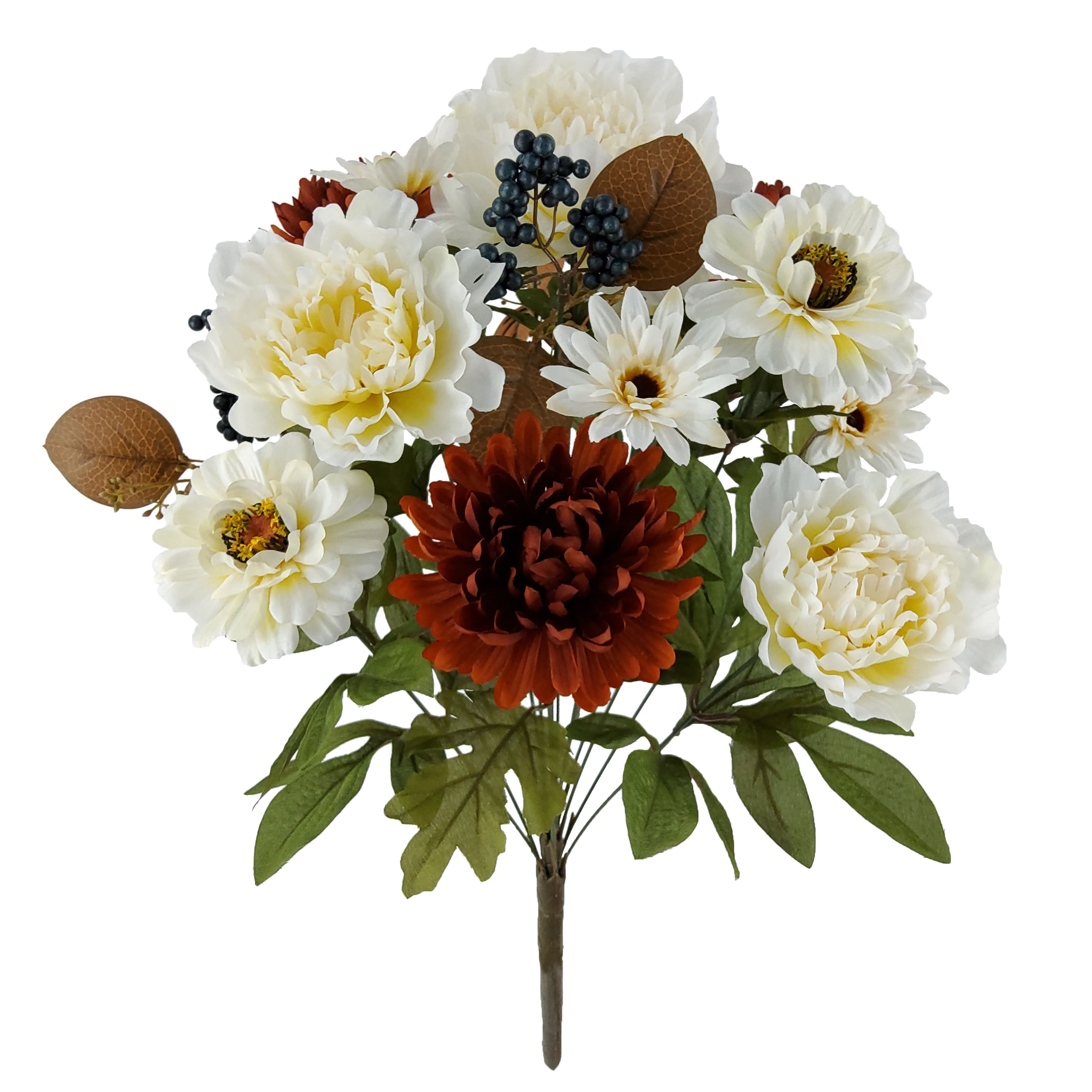 20.5&#x22; Cream Peony, Burgundy Mum &#x26; White Zinnia Mixed Bush by Ashland&#xAE;