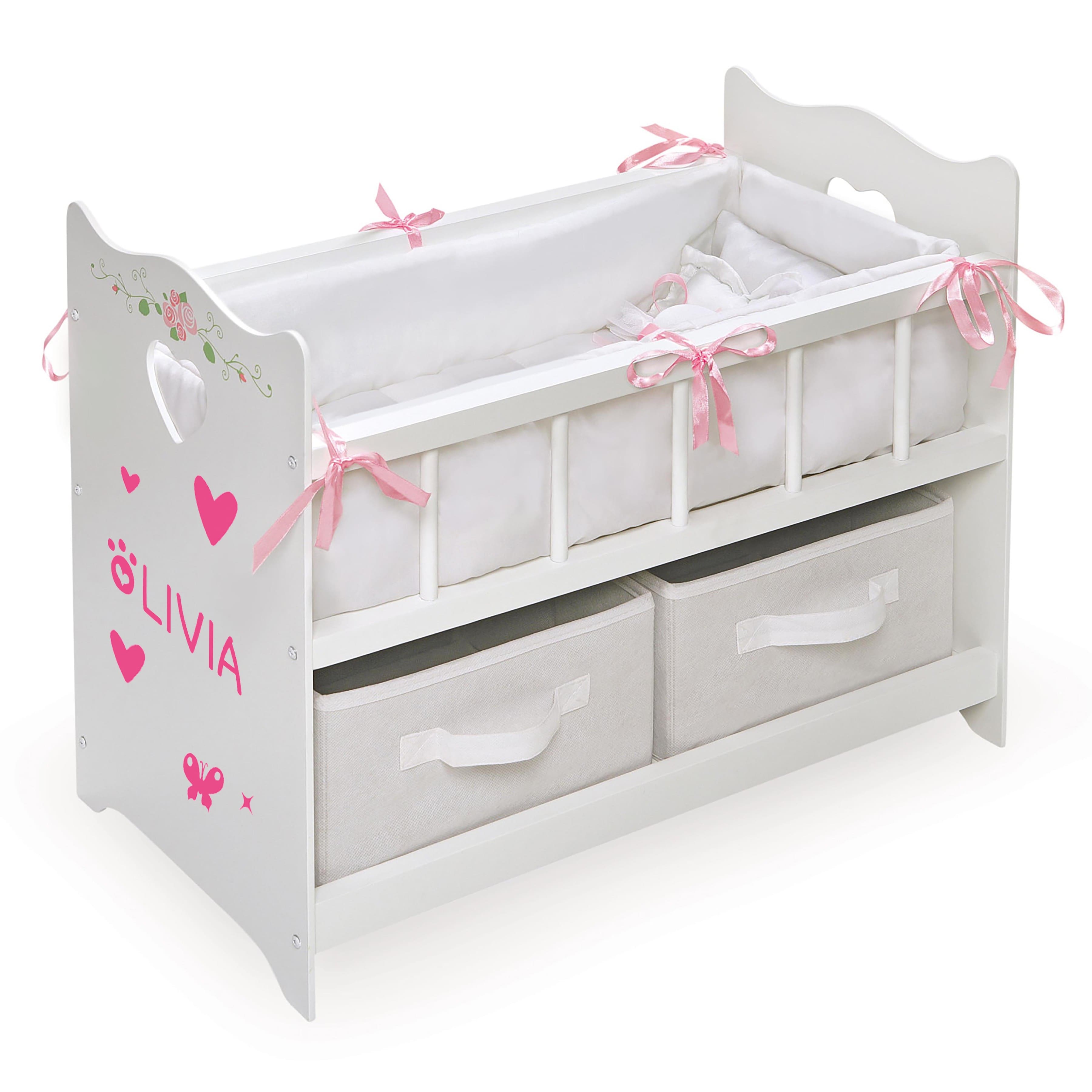 Badger Basket White Rose Doll Crib with Bedding &#x26; Two Baskets