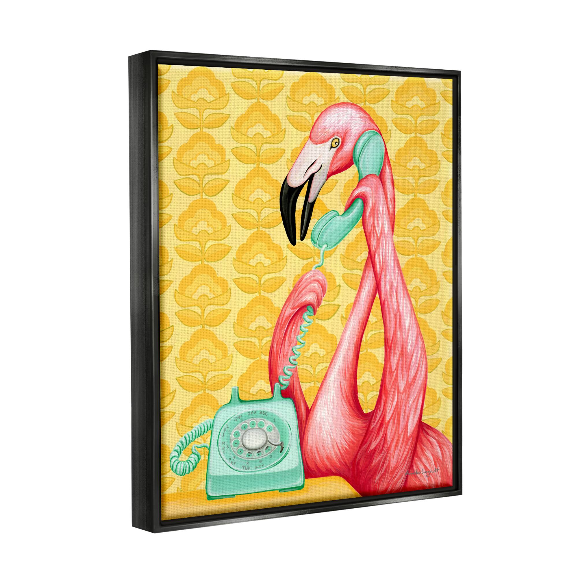 Stupell Industries Flamingo Calling Dial Telephone Groovy Flowers Framed Floater Canvas Wall Art