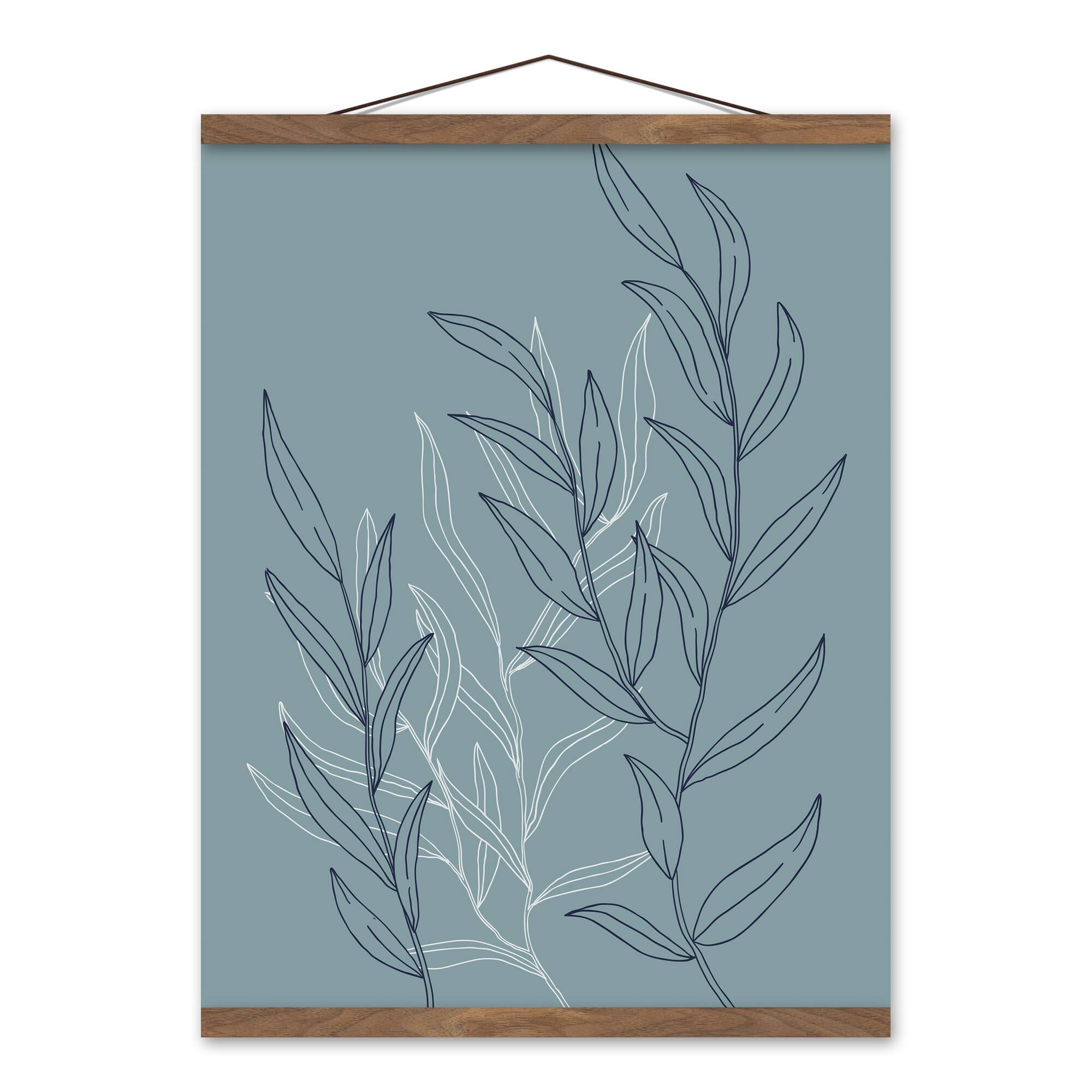 Blue Leaf Sketch 16" x 20" Teak Hanging Canvas