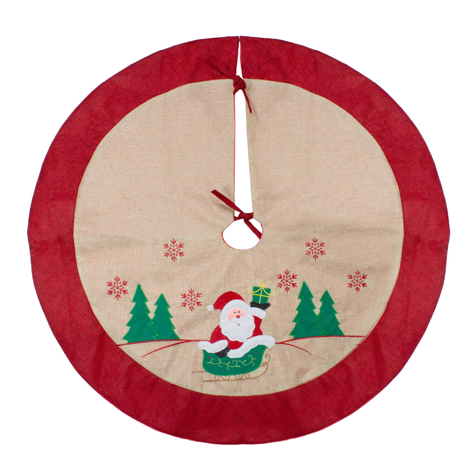 36" Santa Claus in Sleigh Burlap & Embroidered Christmas Tree Skirt