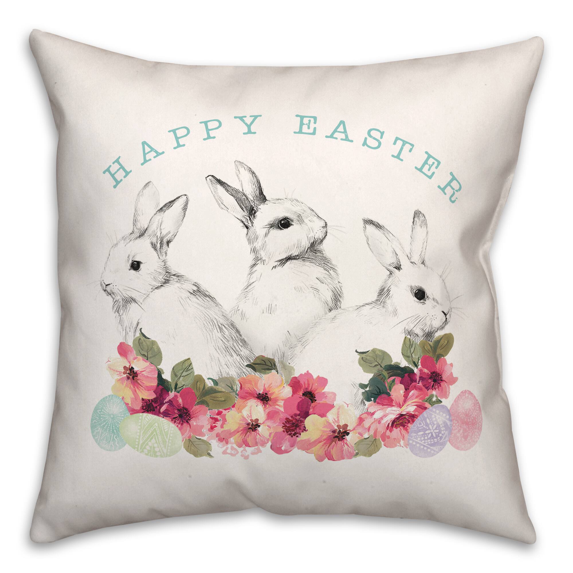 Sketched Easter Bunnies Flowers Throw Pillow