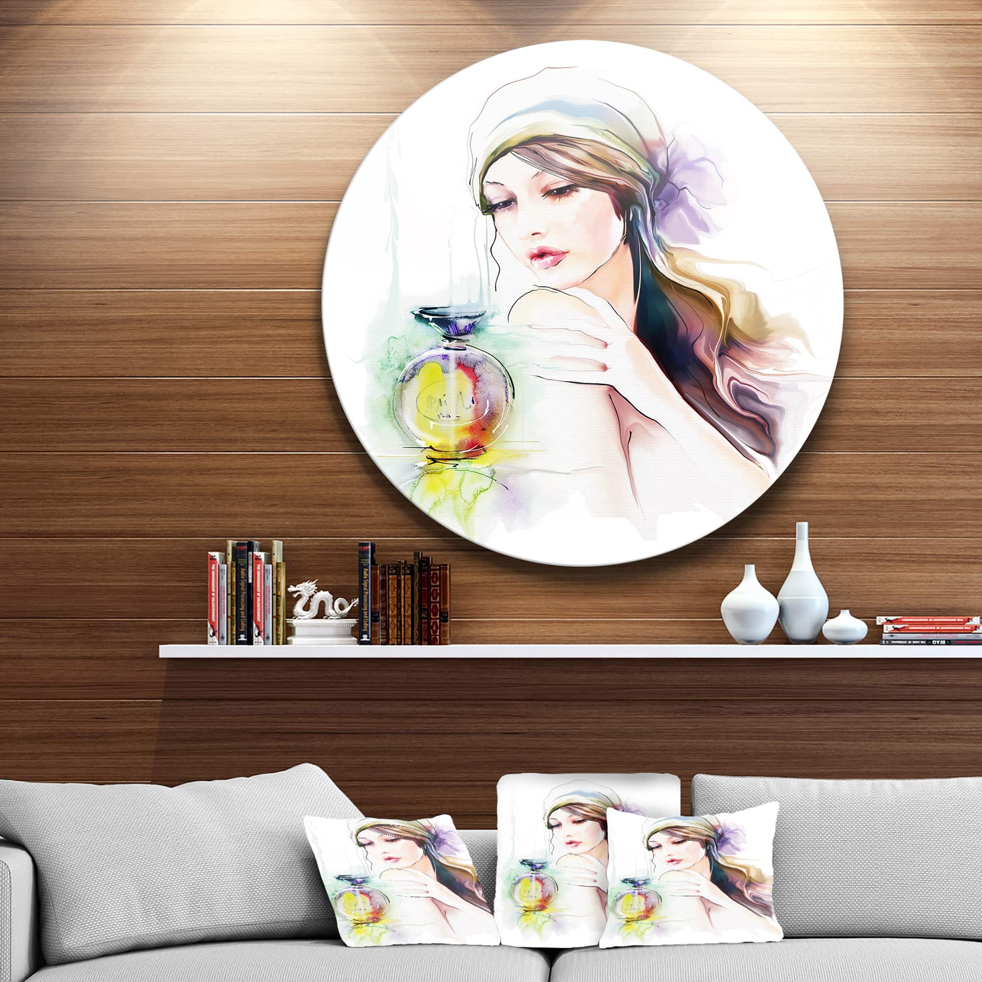 Designart - Woman with Perfume Bottle&#x27; Disc Portrait Contemporary Circle Metal Wall Art