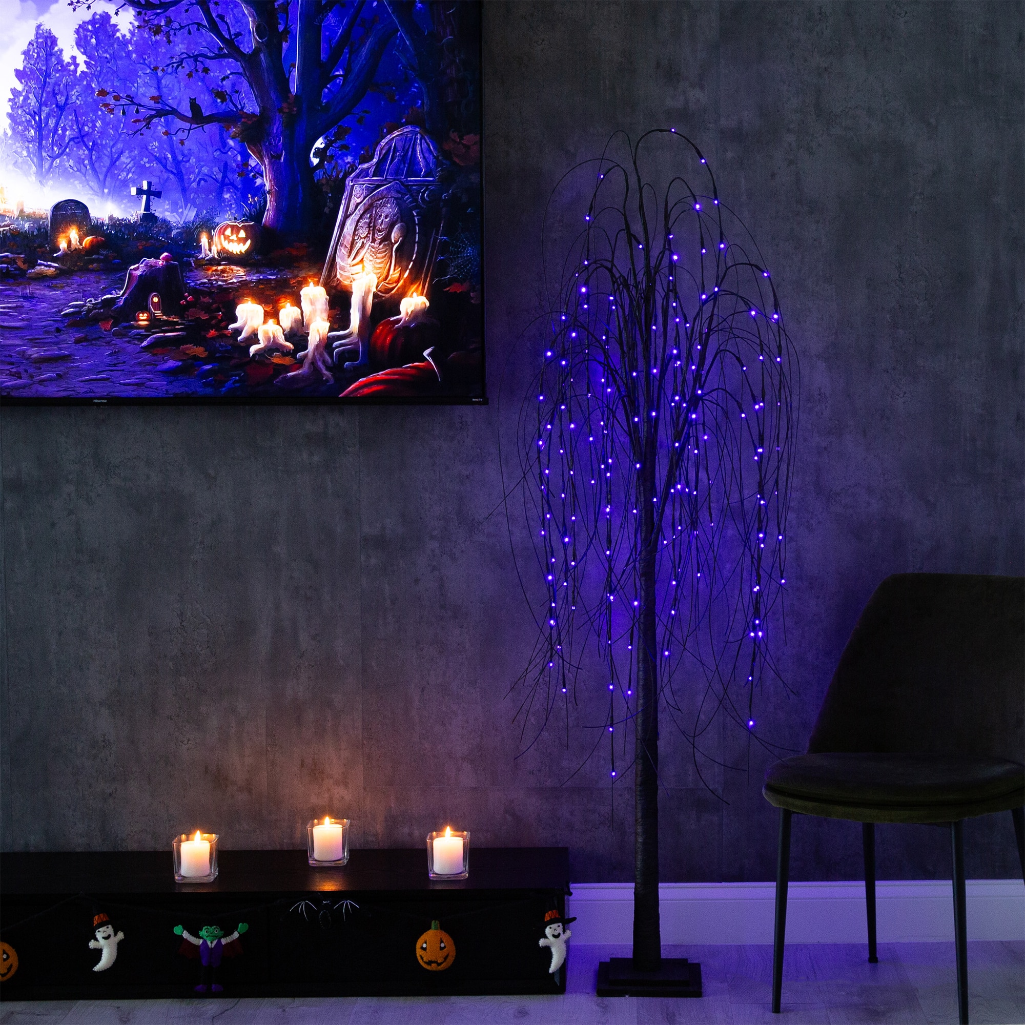 6ft. Orange & Purple LED Pre-Lit Halloween Black Willow Artificial Fall Tree