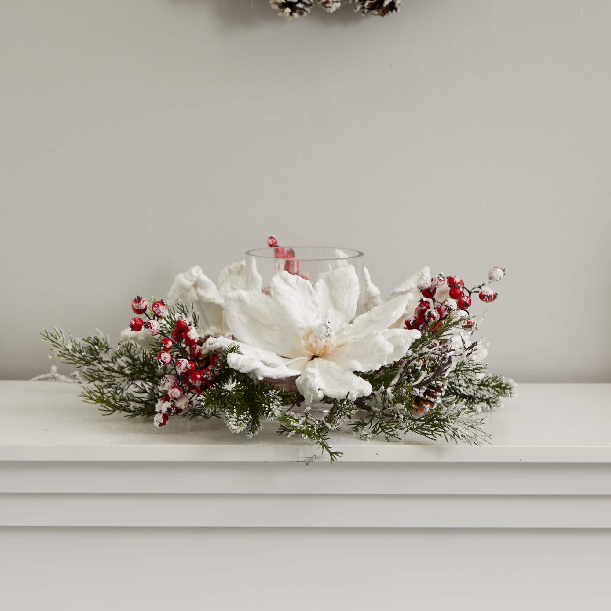 17&#x22; Frosted Magnolia &#x26; Berry Artificial Arrangement Candelabrum