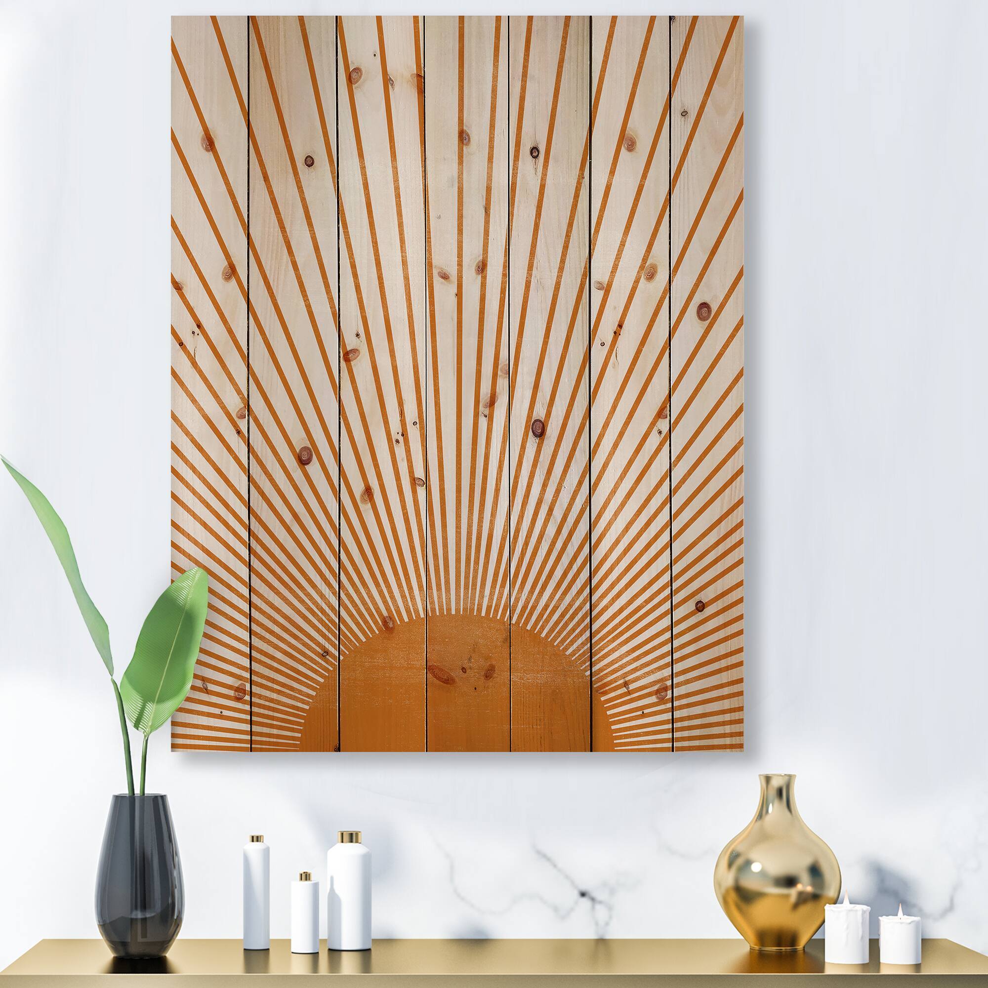 Designart - Orange Sun Print III - Modern Print on Natural Pine Wood