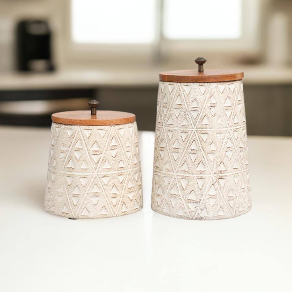 Cream Paper Mache Handmade Carved Triangle Tribal Canisters with Removable Lids Set