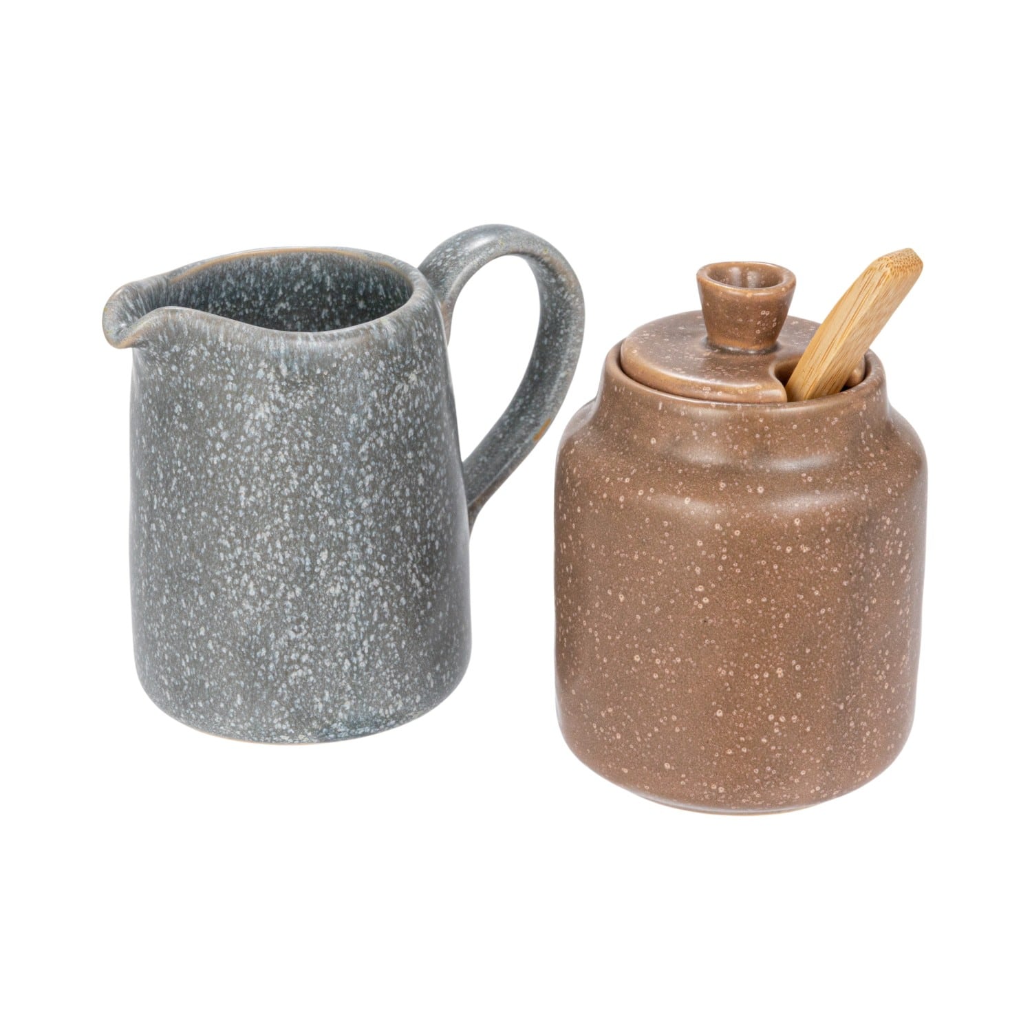 Hello Honey® Gray & Brown Stoneware Creamer & Sugar Pot Set with Bamboo Spoon