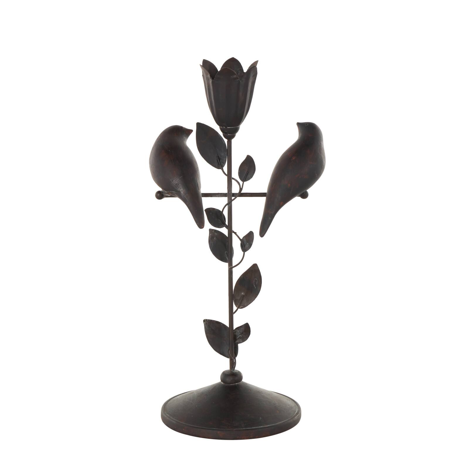 13.75" Black Bird Perching Decorative Sculpture with Leaf Vine & Copper Shading
