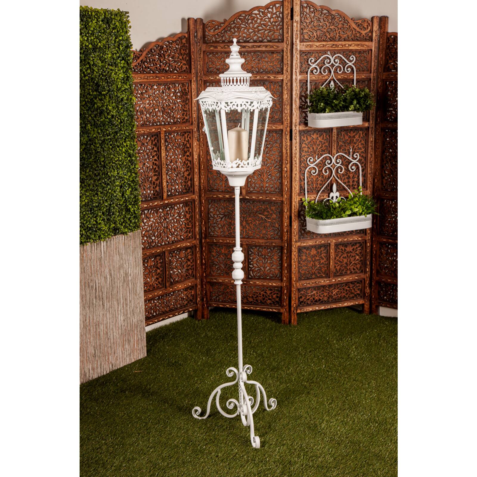 White Iron Vintage Candle Holder Lantern, 66&#x22; x 17&#x22; x 17&#x22;