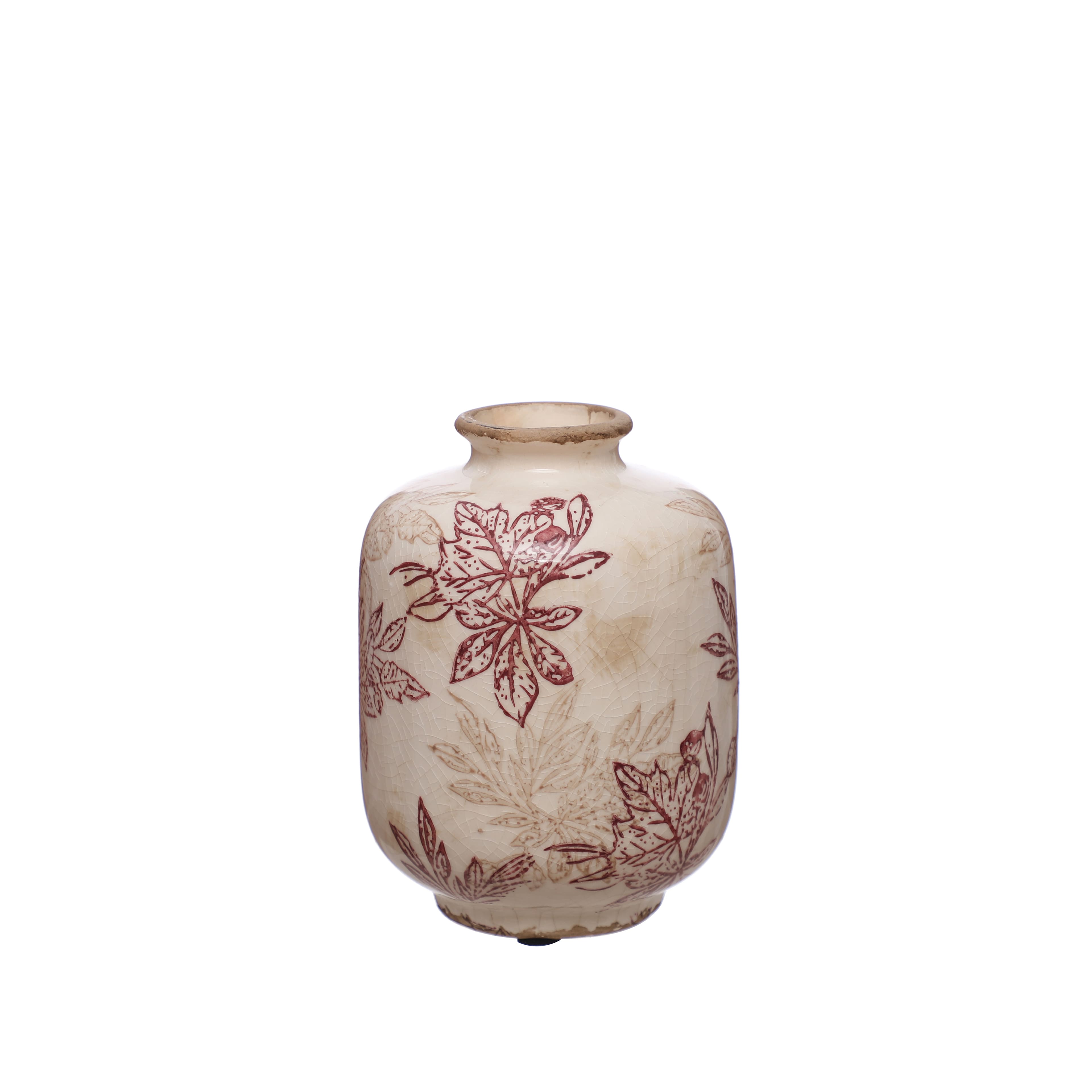 5.5" Burgundy & Cream Floral Cracked Ceramic Vase by Ashland®