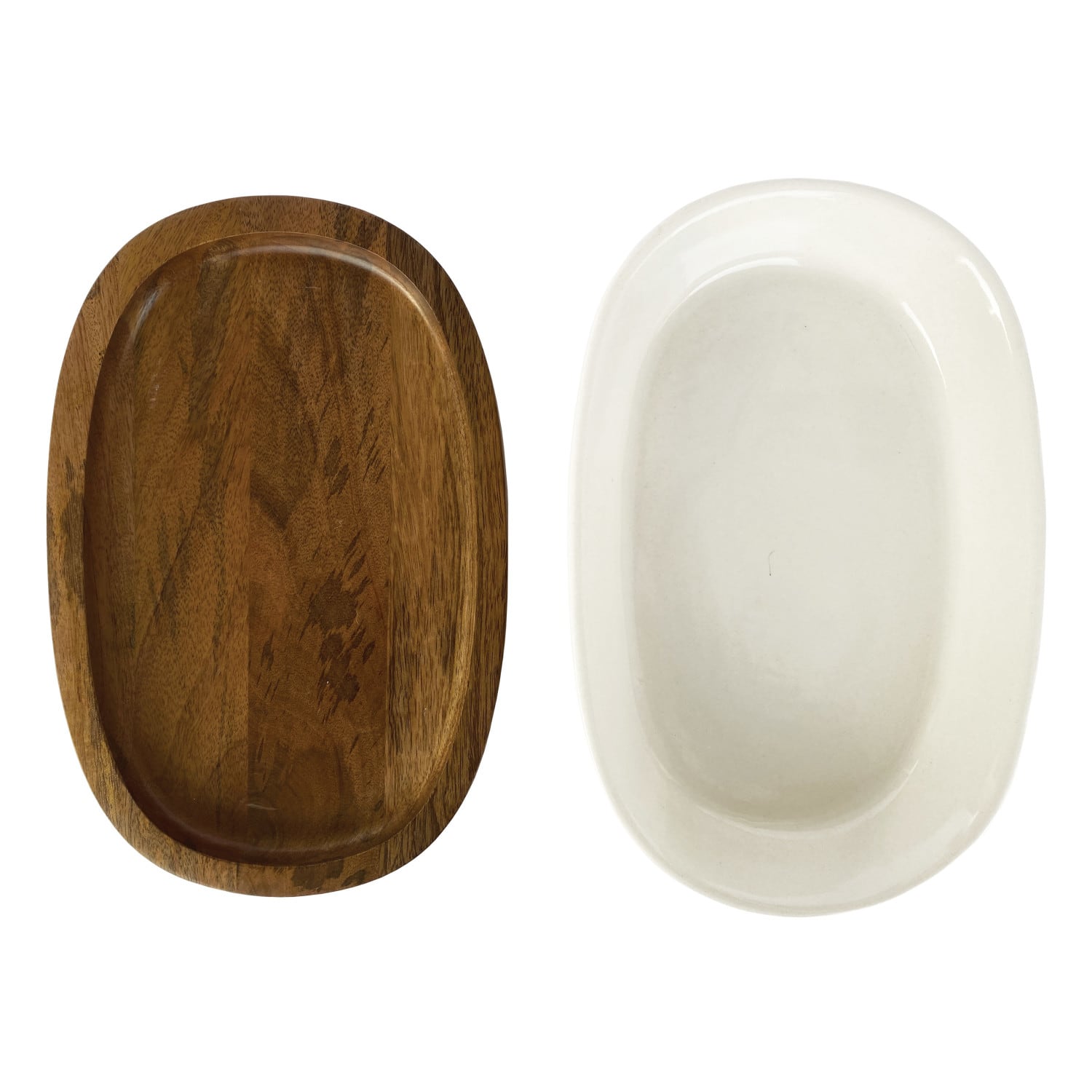 Hello Honey&#xAE; 13&#x22; Cream Stoneware Serving Dish with Natural Mango Wood Base