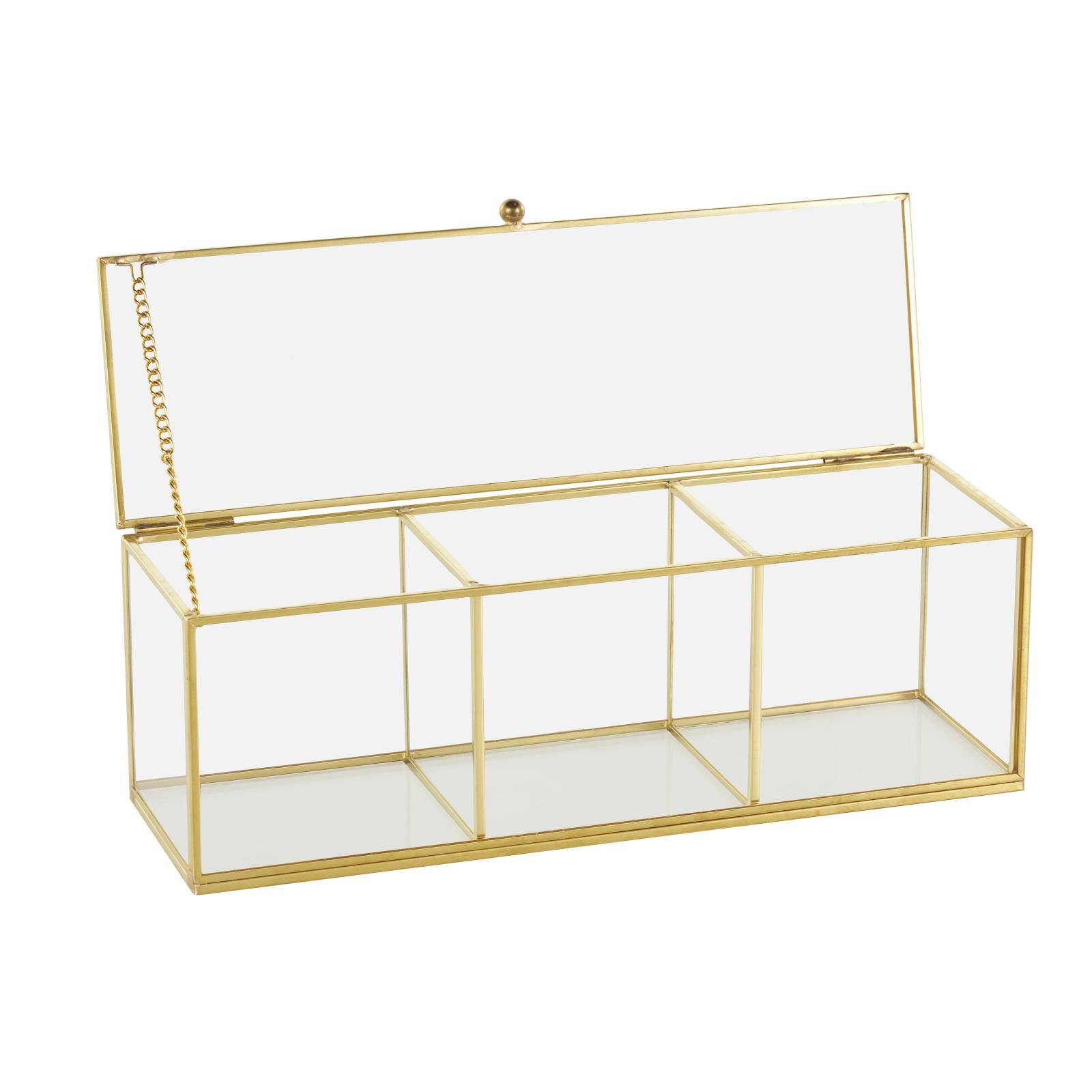 10" x 4" x 4" Clear & Gold 3-Slot Glass & Metal Slim Rectangular Jewelry Box with Chain Accent