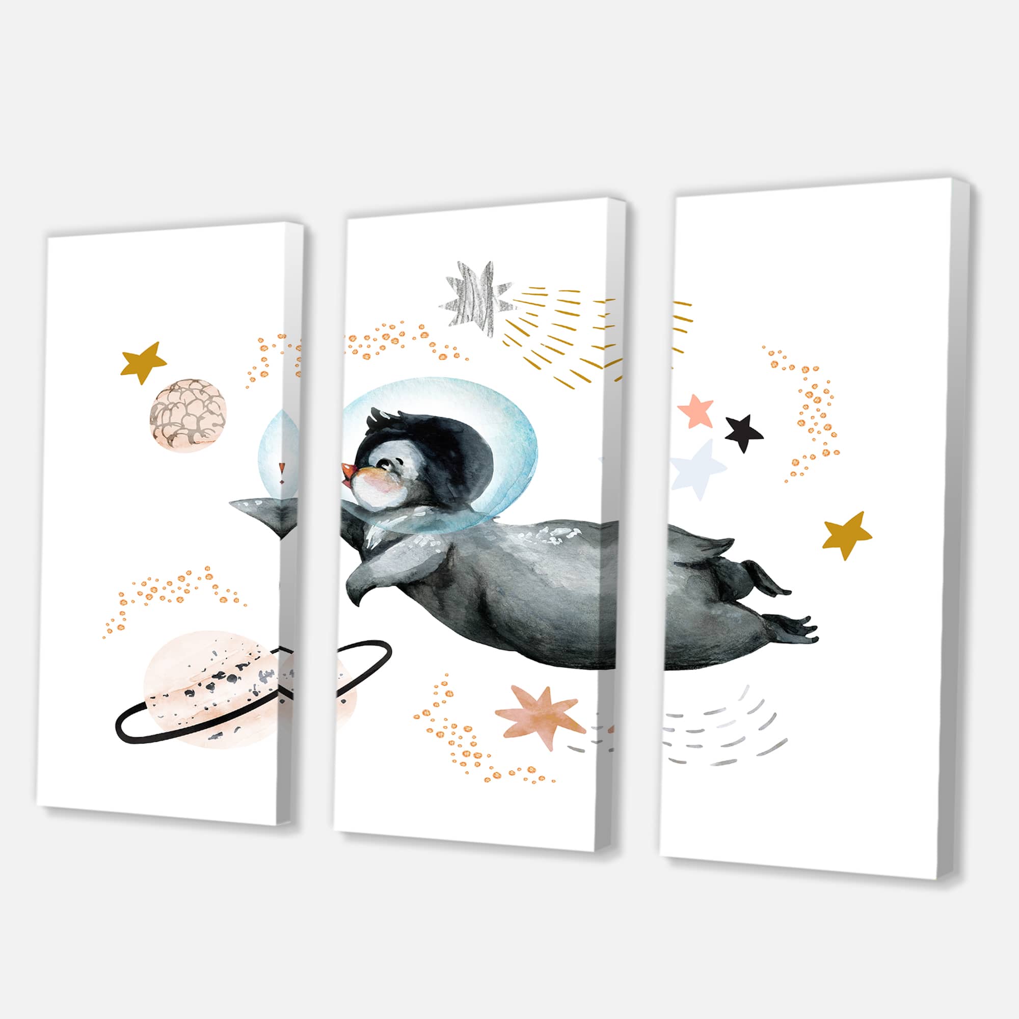 Designart - Little Penguin Flying Stars and Planets II - Farmhouse Canvas Wall Art Print