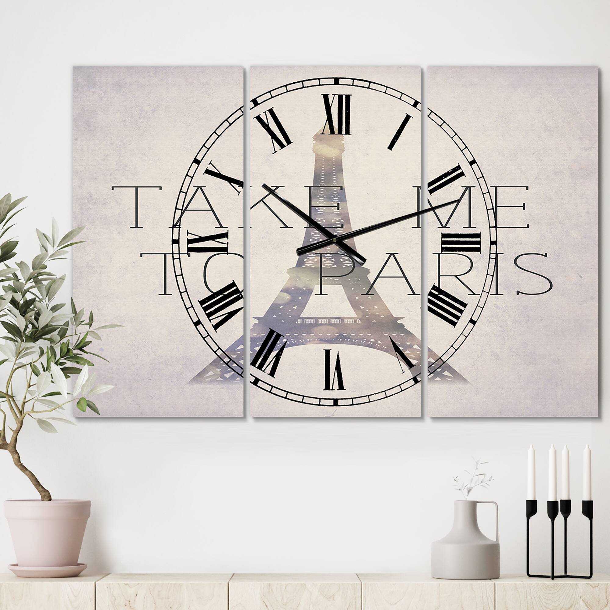 Designart Take Me To Paris Large Traditional 3 Panel Wall Clock