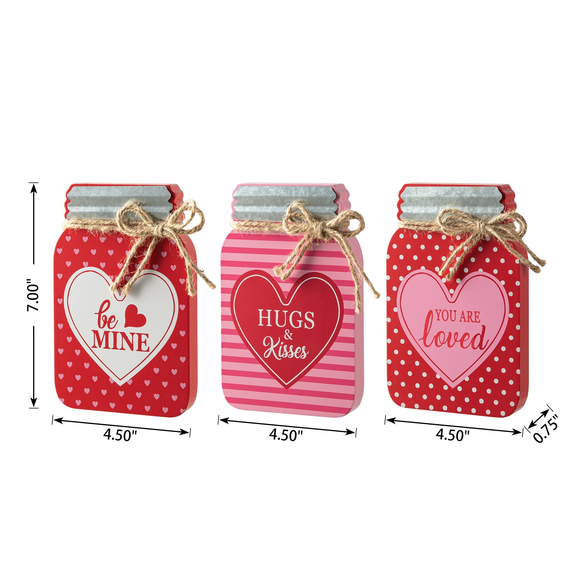 Glitzhome&#xAE; 7&#x22; Set of 3 Valentine&#x27;s Wooden Mason Jar Table Decor