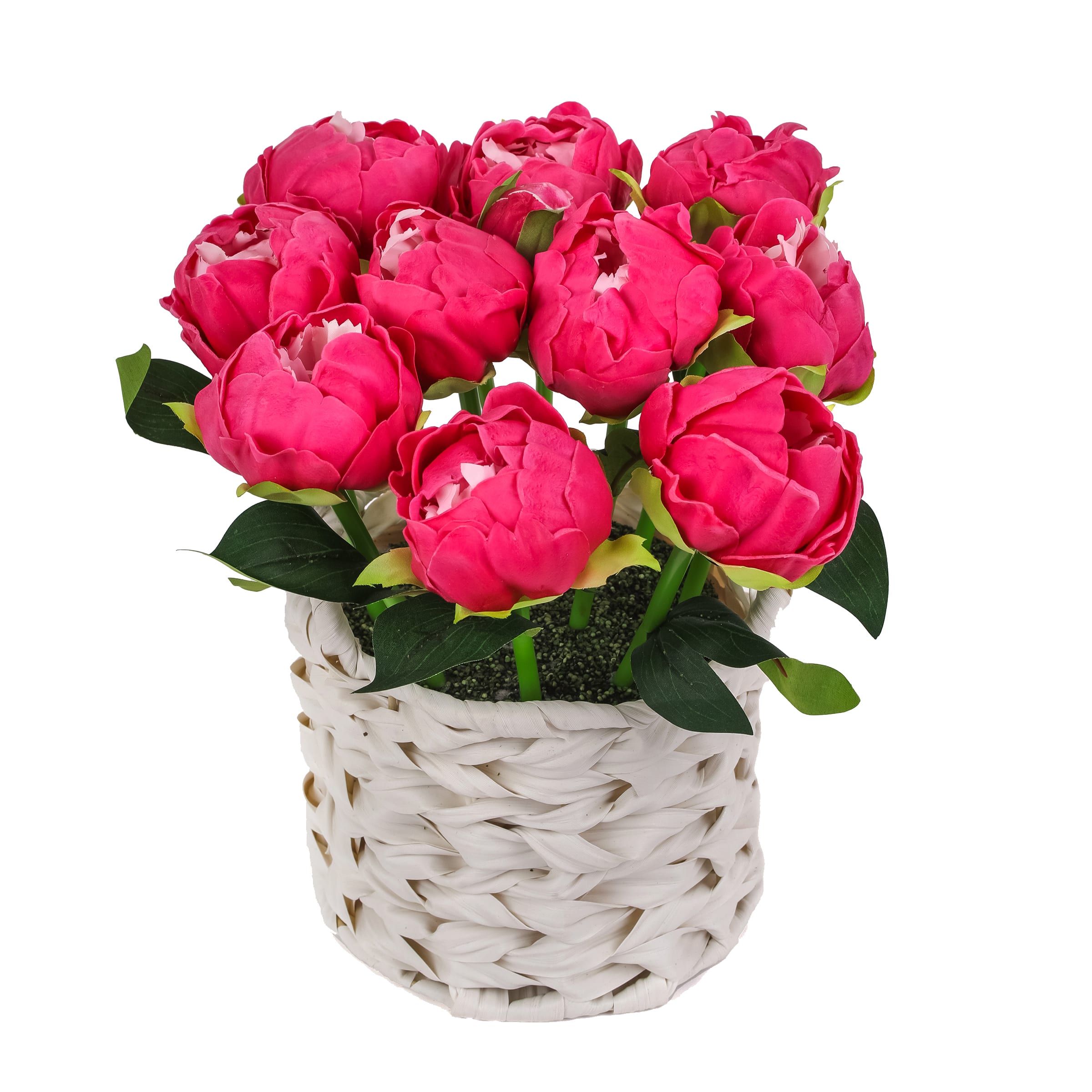 10" Peony Flower Bouquet In White Basket