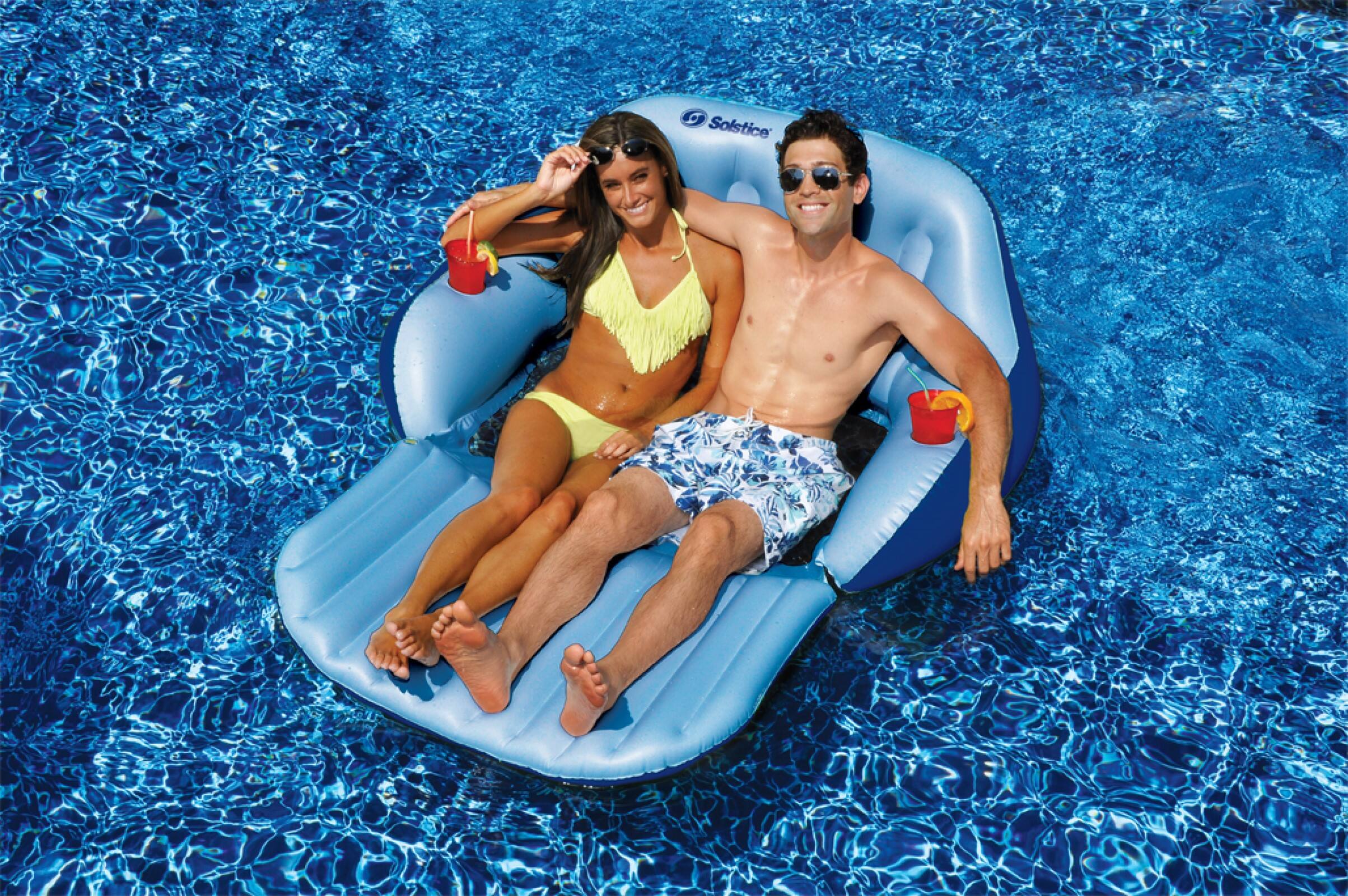 6ft. Inflatable Blue Love Seat Swimming Pool Float with Convertible Footrest