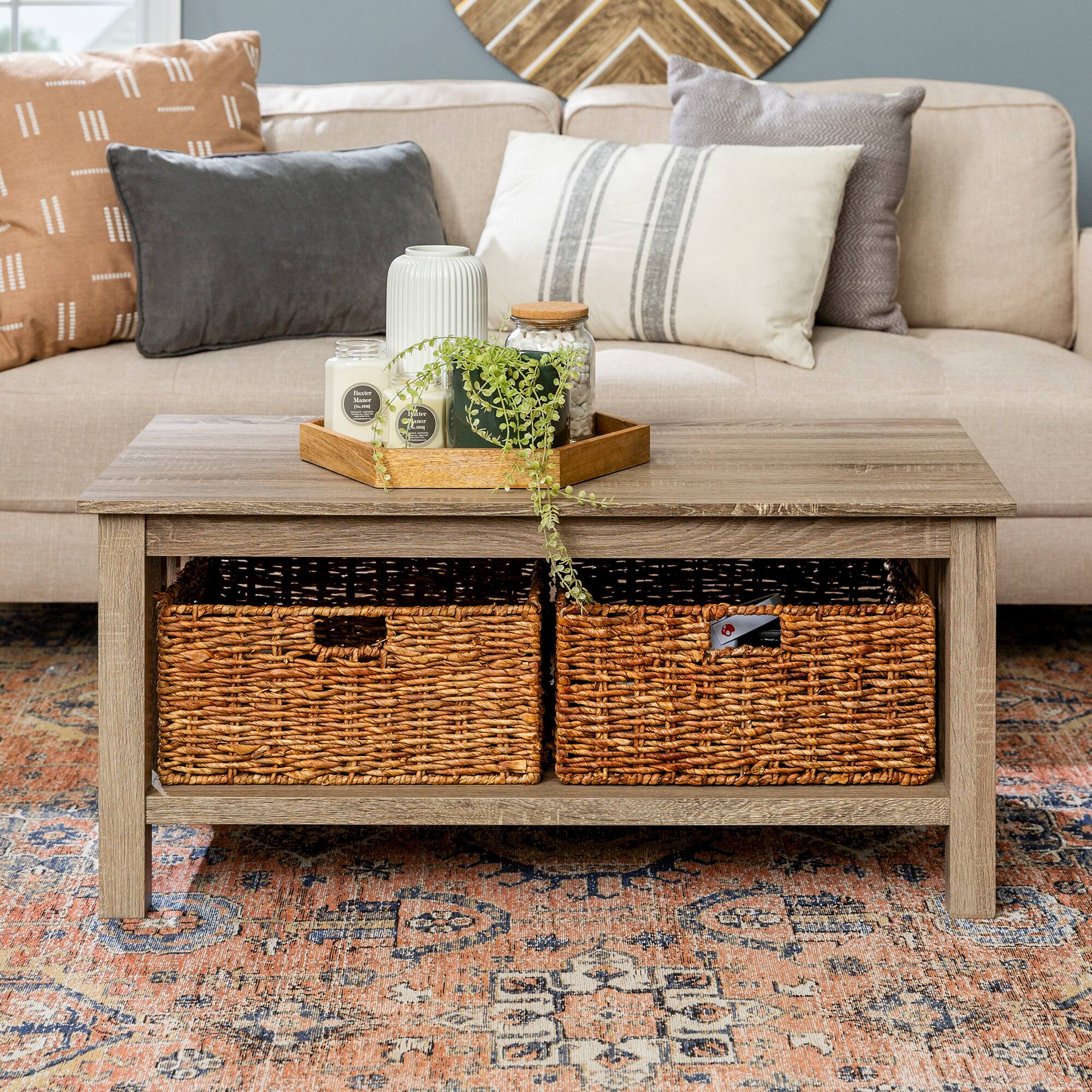 Walker Edison 40" Driftwood Mission Storage Coffee Table with Baskets