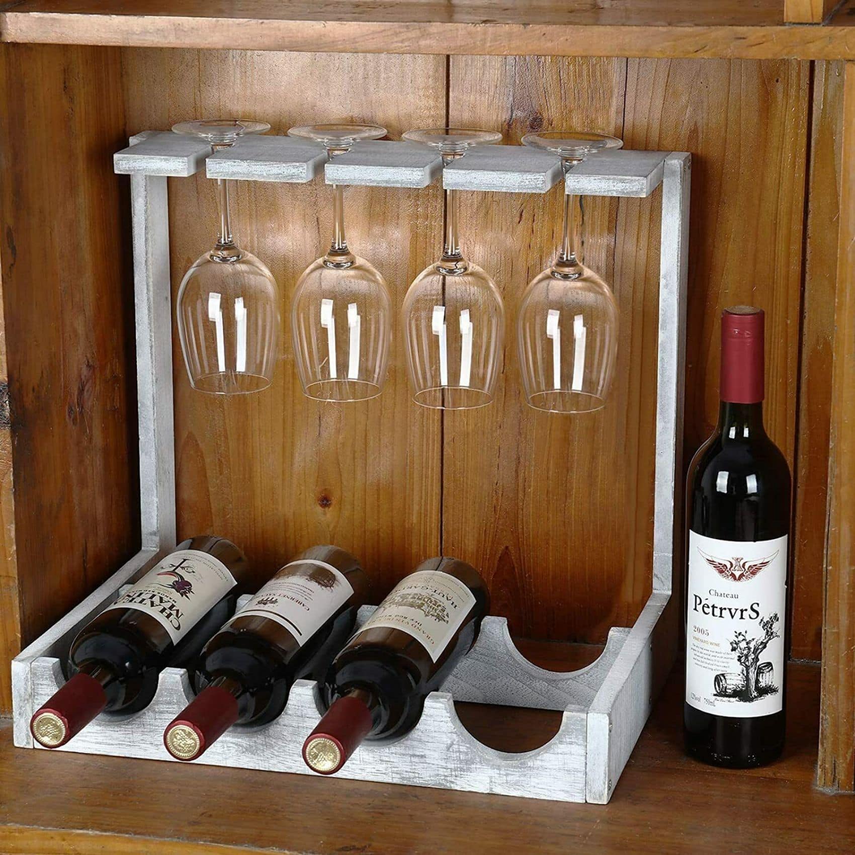 NEX&#x2122; Wood Wine Bottle Holder with Glass Rack