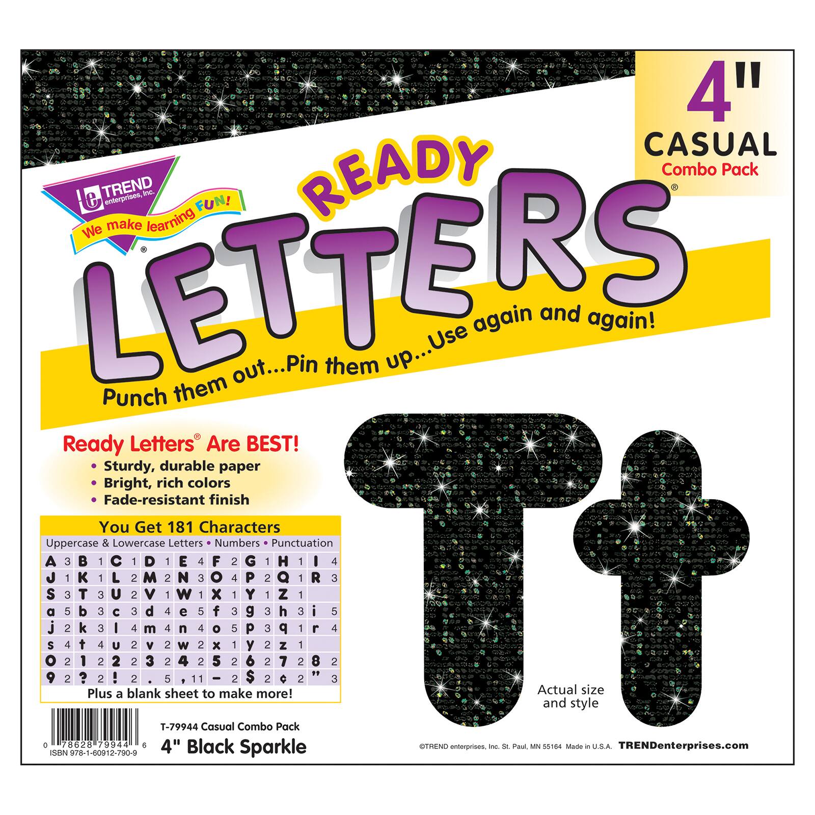 TREND Enterprises® Black Sparkle 4" Casual Combo Ready Letters®, Pack of 3