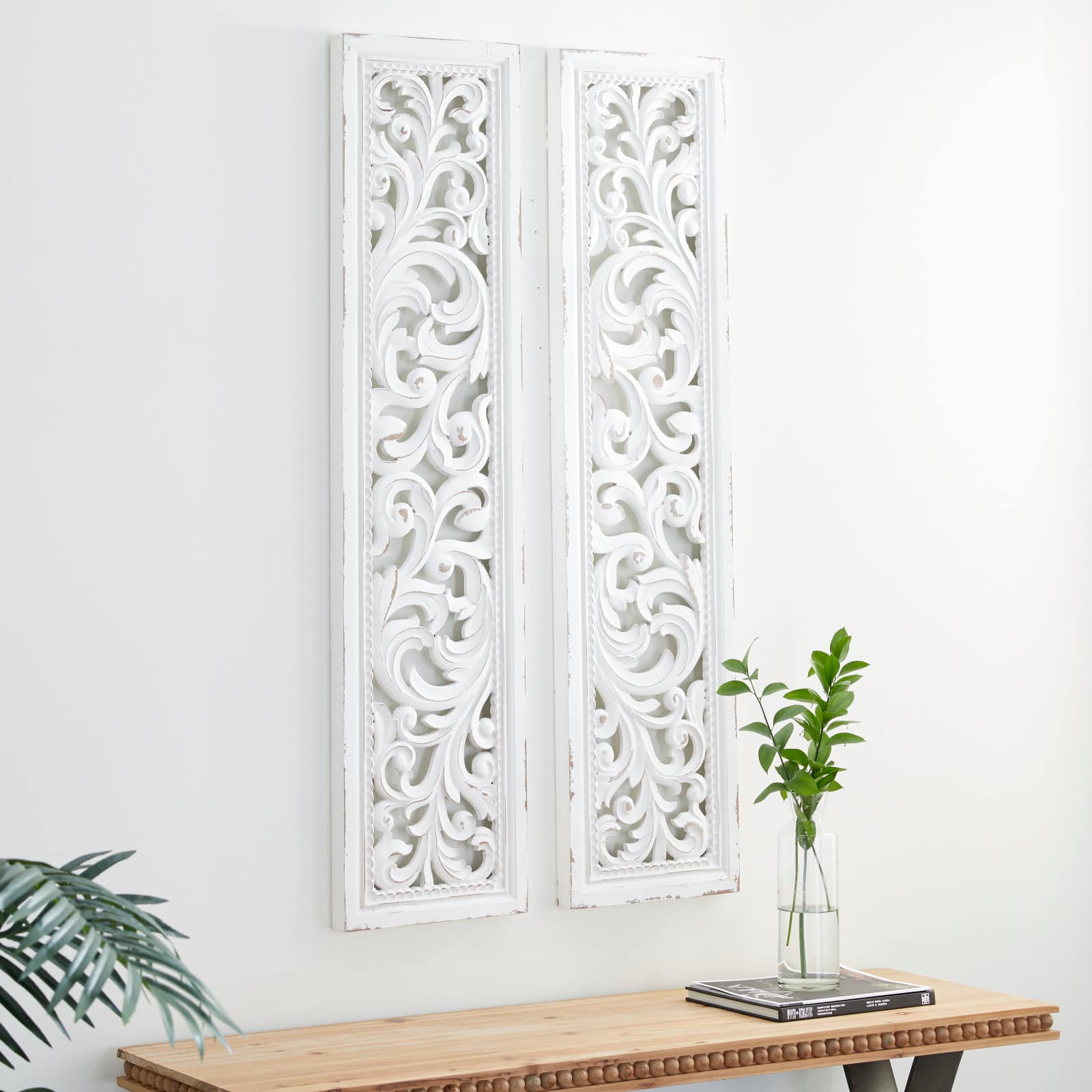 50&#x22; White Wood Traditional Abstract Wall Decor, 2ct.