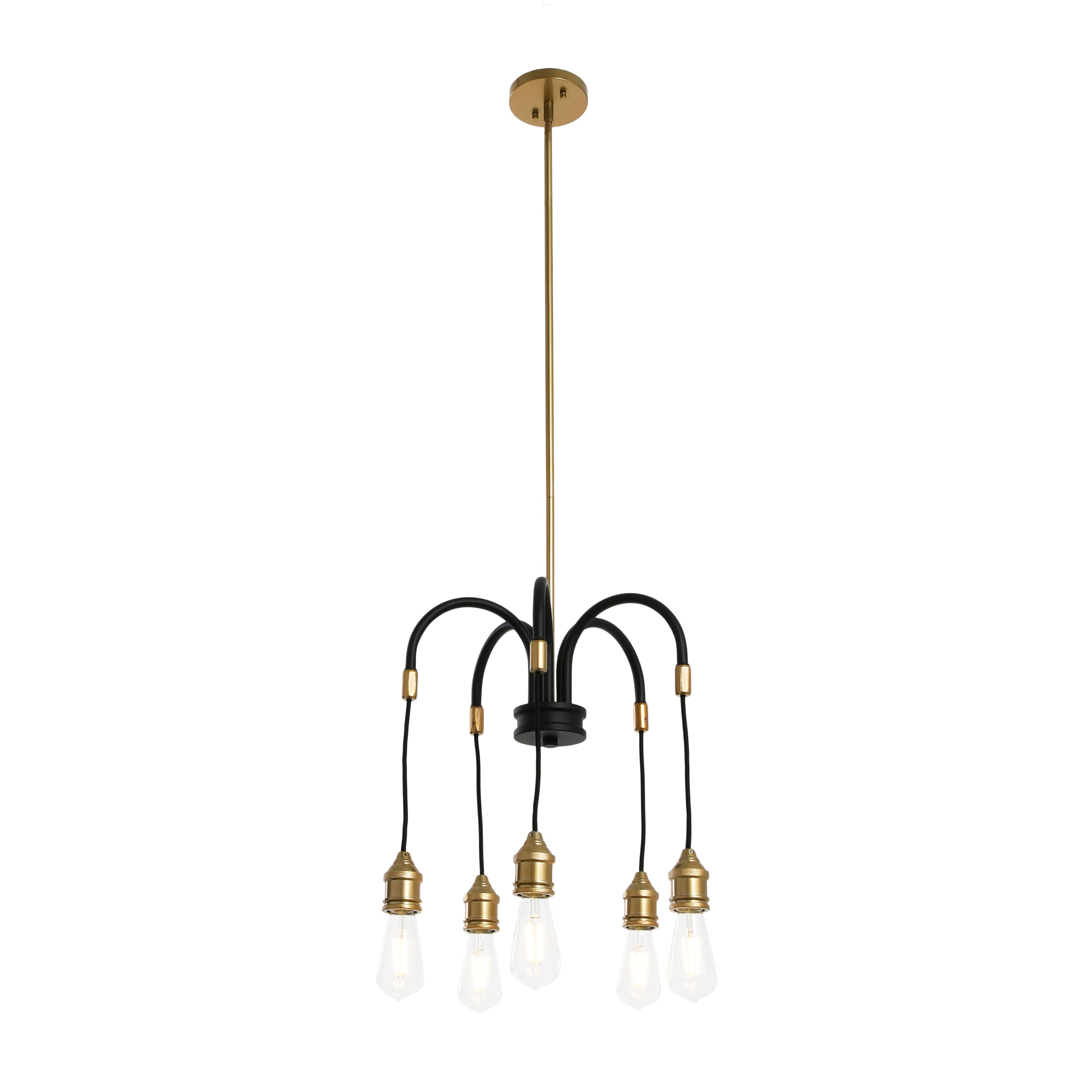 Robert Stevenson Lighting Harper 19&#x22; Black and Brass 5-Light Exposed Bulb 2-Tone Metal Chandelier