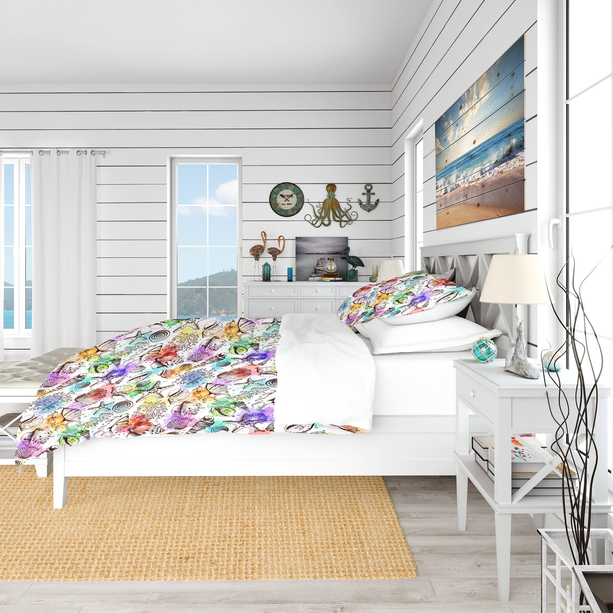 Designart &#x27;Modern Seashells Pattern&#x27; Nautical &#x26; Coastal Bedding Set - Duvet Cover &#x26; Shams