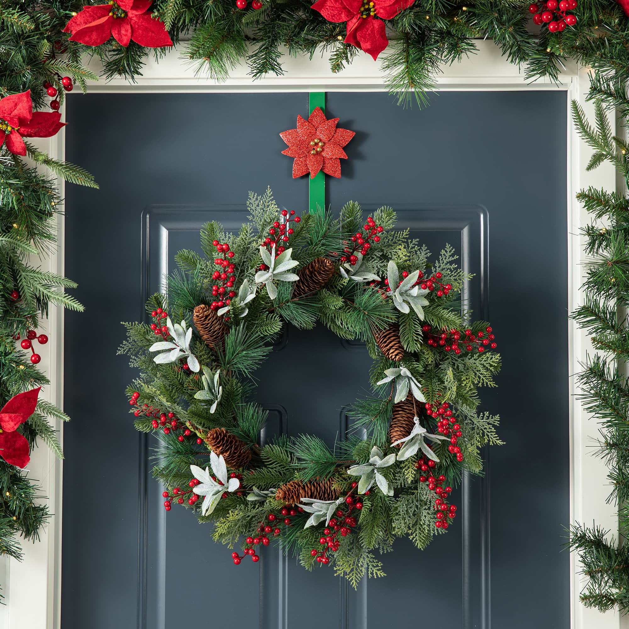 Glitzhome&#xAE; 14&#x22; Christmas Metal Snowflake &#x26; Poinsettia Wreath Hanger Set