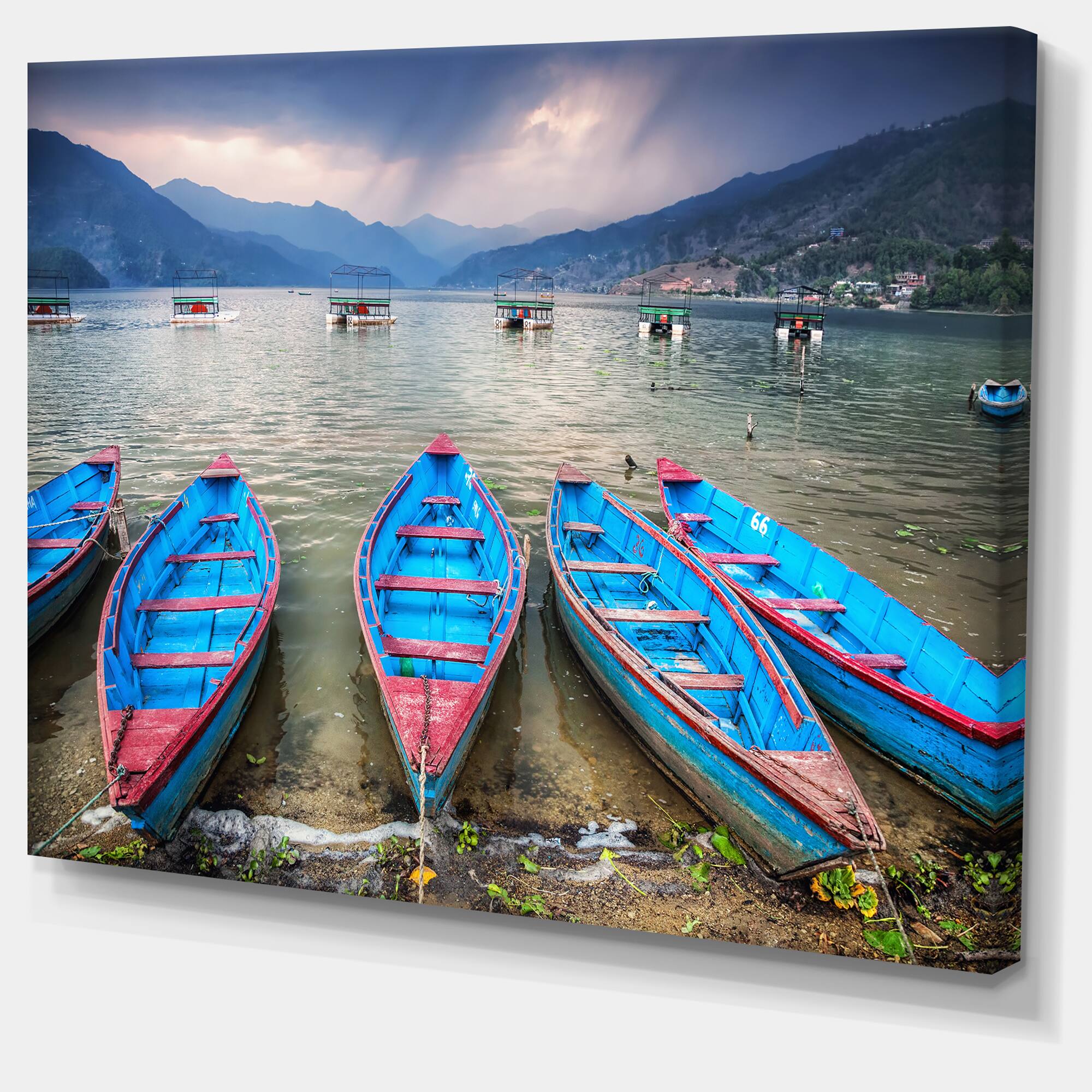 Designart - Row of Blue Boats in Pokhara Lake - Boat Canvas Art Print