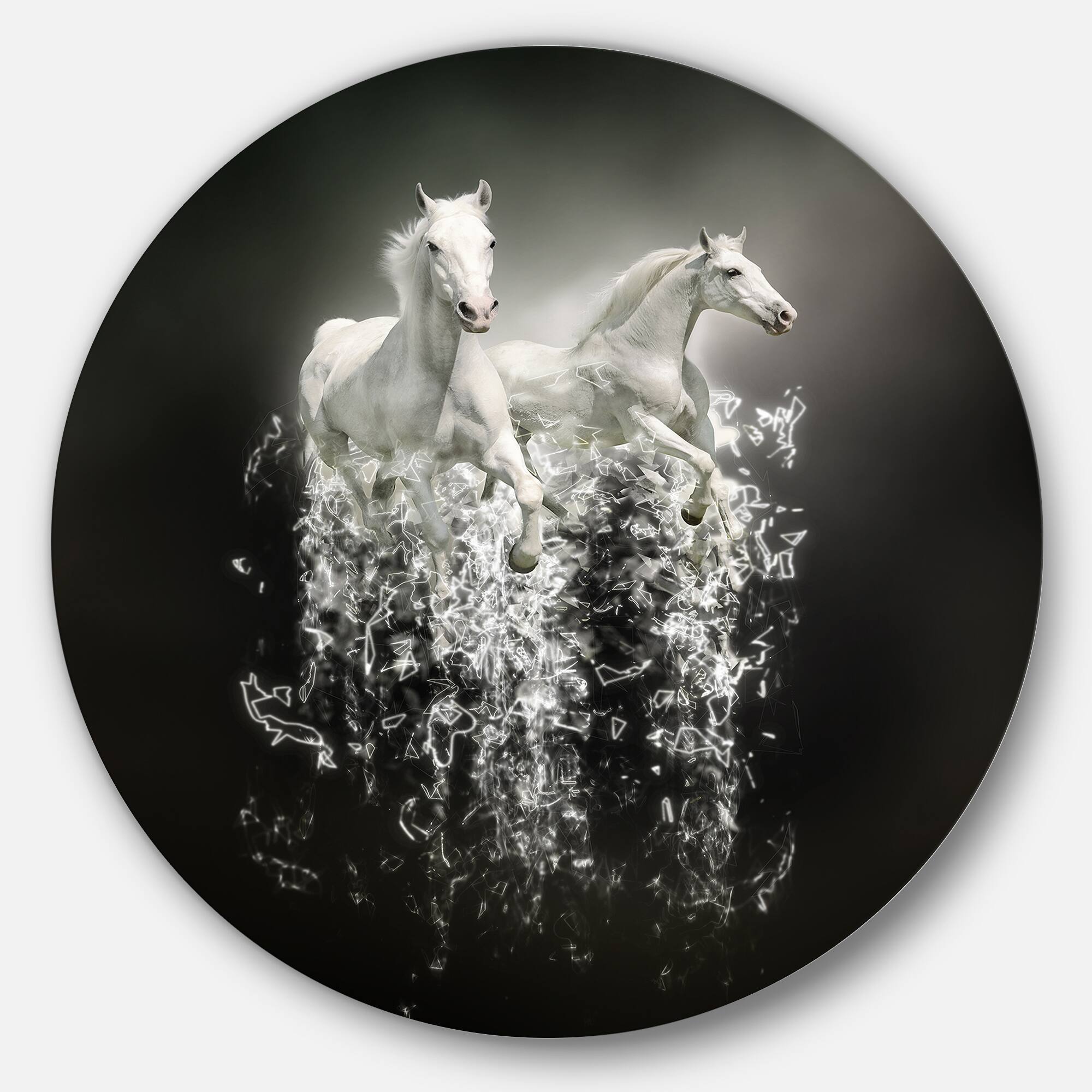 Designart - Fantasy White Horses on Black&#x27; Ultra Glossy Animal Oversized Metal Circle Wall Art