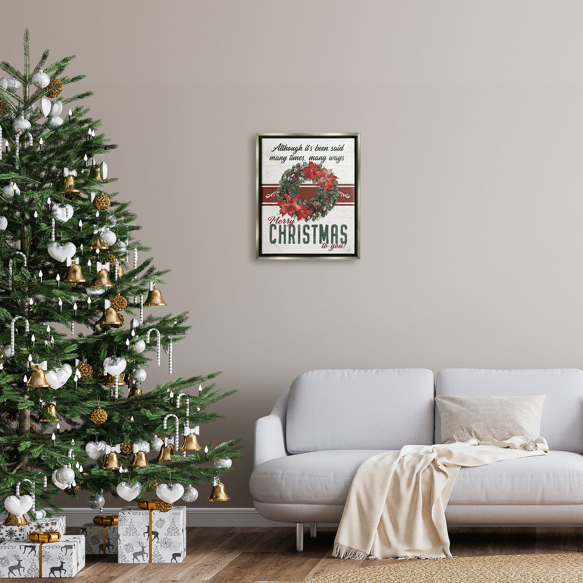 Stupell Industries Merry Christmas To You Vintage Poinsettia Framed Floater Canvas Wall Art