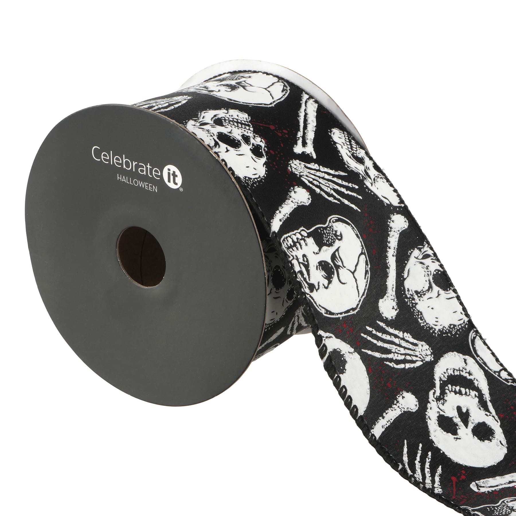 2.5&#x22; x 20ft. Black &#x26; White Wired Skeleton Head Ribbon by Celebrate It&#xAE; Halloween
