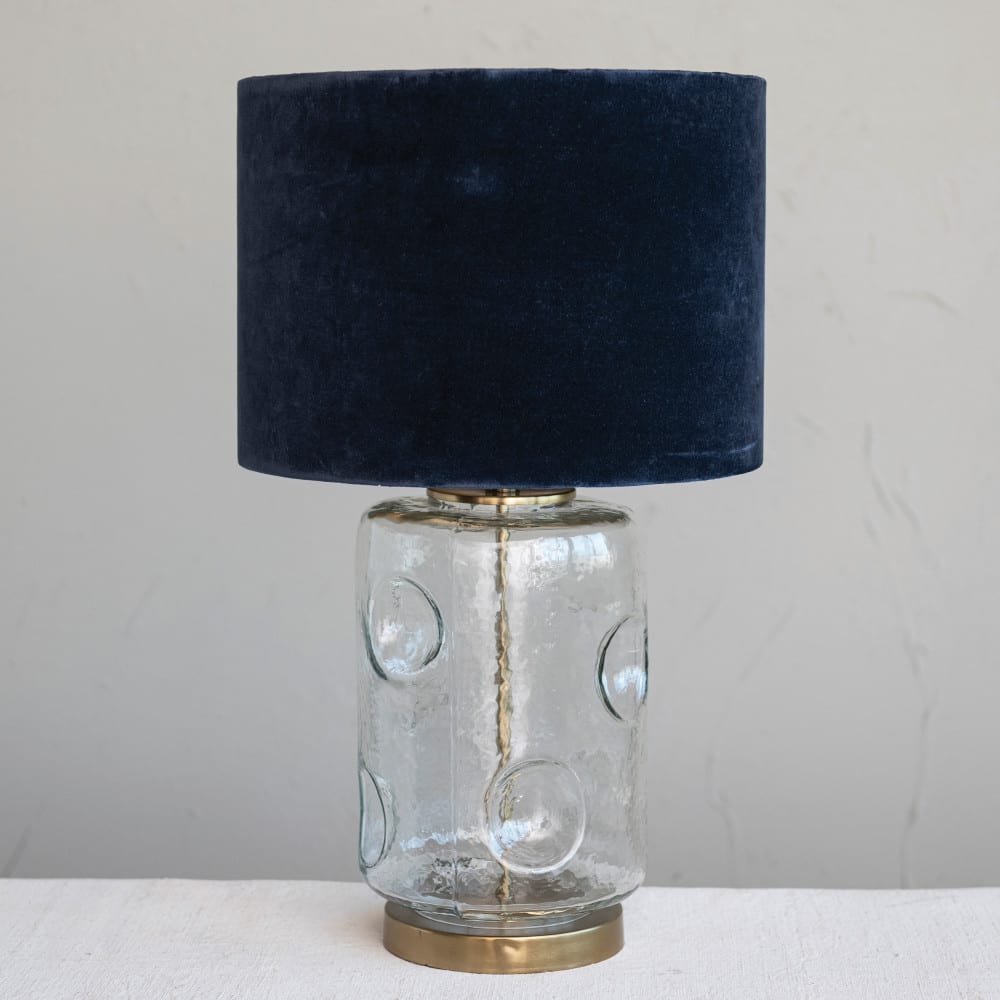 Hello Honey&#xAE; 25&#x22; Clear and Navy Embossed Blown Glass Table Lamp with Velvet Shade