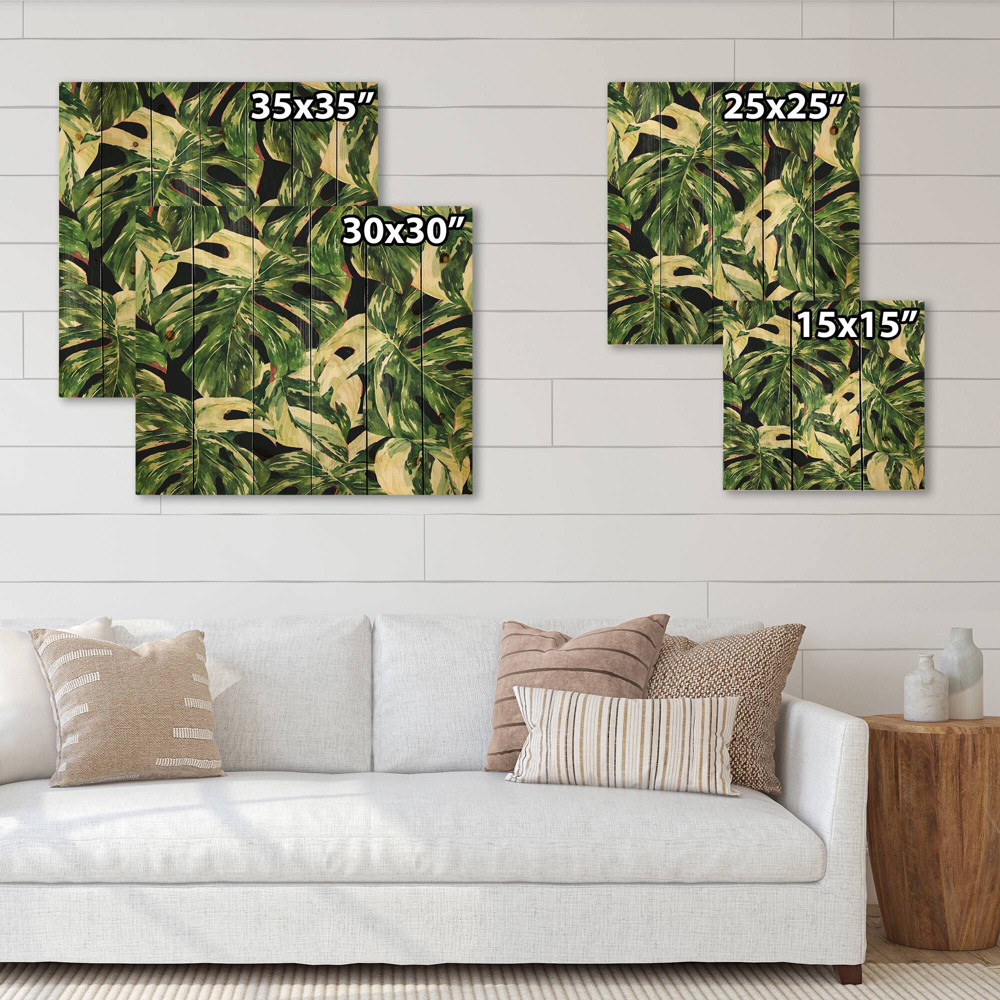 Designart - Natural Leaves Exotic On Dark II - Tropical Print on Natural Pine Wood