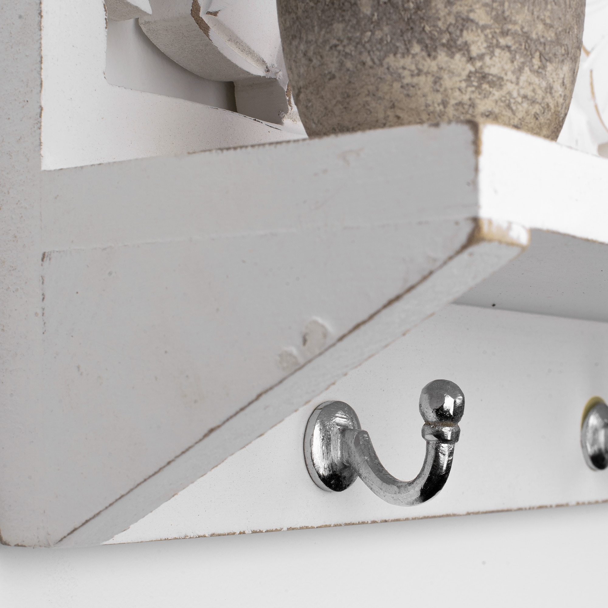 24&#x22; White Carved Wooden Wall Shelf &#x26; Coat Rack